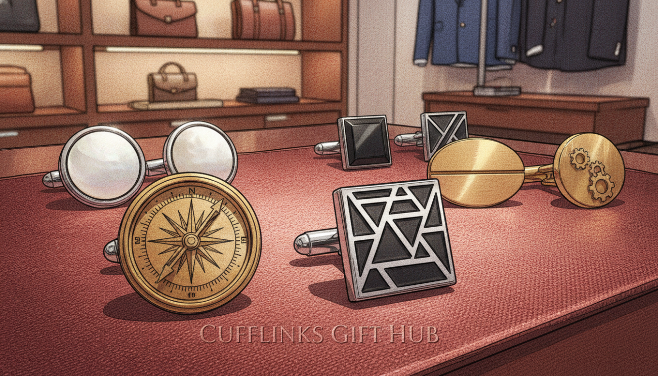 A stylish arrangement of customized cufflinks laid out elegantly on a soft, textured fabric surface, with a luxurious ambient glow highlighting their intricate designs. Foreground features a pair of uniquely-shaped cufflinks, one showcasing a vintage compass design and the other a modern geometric pattern, both glinting under soft, diffused lighting. In the middle ground, a tasteful selection of additional cufflinks is displayed, each varying in material and finish, from polished silver to matte black, creating a rich visual texture. In the background, a blurred stylish boutique interior evokes a chic shopping atmosphere, enhancing the image of sophistication and exclusivity. Capture this scene with a close-up lens angle to emphasize details and create a warm, inviting mood. Brand name "Cufflinks Gift Hub" subtly integrated into the fabric beneath the cufflinks, enhancing the focus on the accessories.