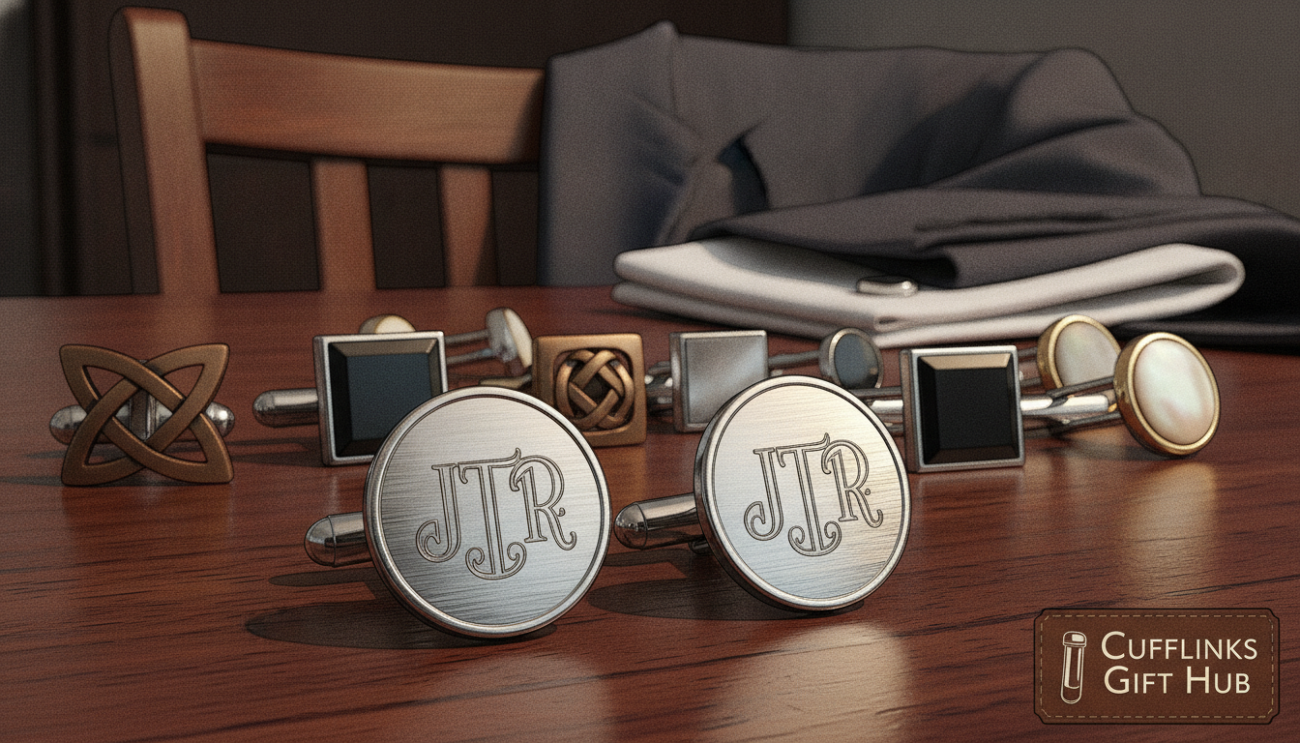 A stylish arrangement of elegant men's cufflinks displayed on a dark wooden surface, emphasizing their premium craftsmanship and sophistication. In the foreground, focus on a pair of personalized silver cufflinks engraved with initials, glistening softly in warm, diffused light. The middle ground showcases an assortment of cufflinks with various designs, including classic knots, modern geometric shapes, and luxurious materials, creating a sense of variety and choice. In the background, a blurred image of a well-tailored suit jacket draped elegantly over a chair, enhancing the luxurious and polished atmosphere. The scene is captured with a shallow depth of field, evoking a sense of intimacy and attention to detail, perfect for showcasing the trend of personalized accessories for men. Accompanying this imagery is a subtle logo design of "Cufflinks Gift Hub" incorporated unobtrusively into the scene.