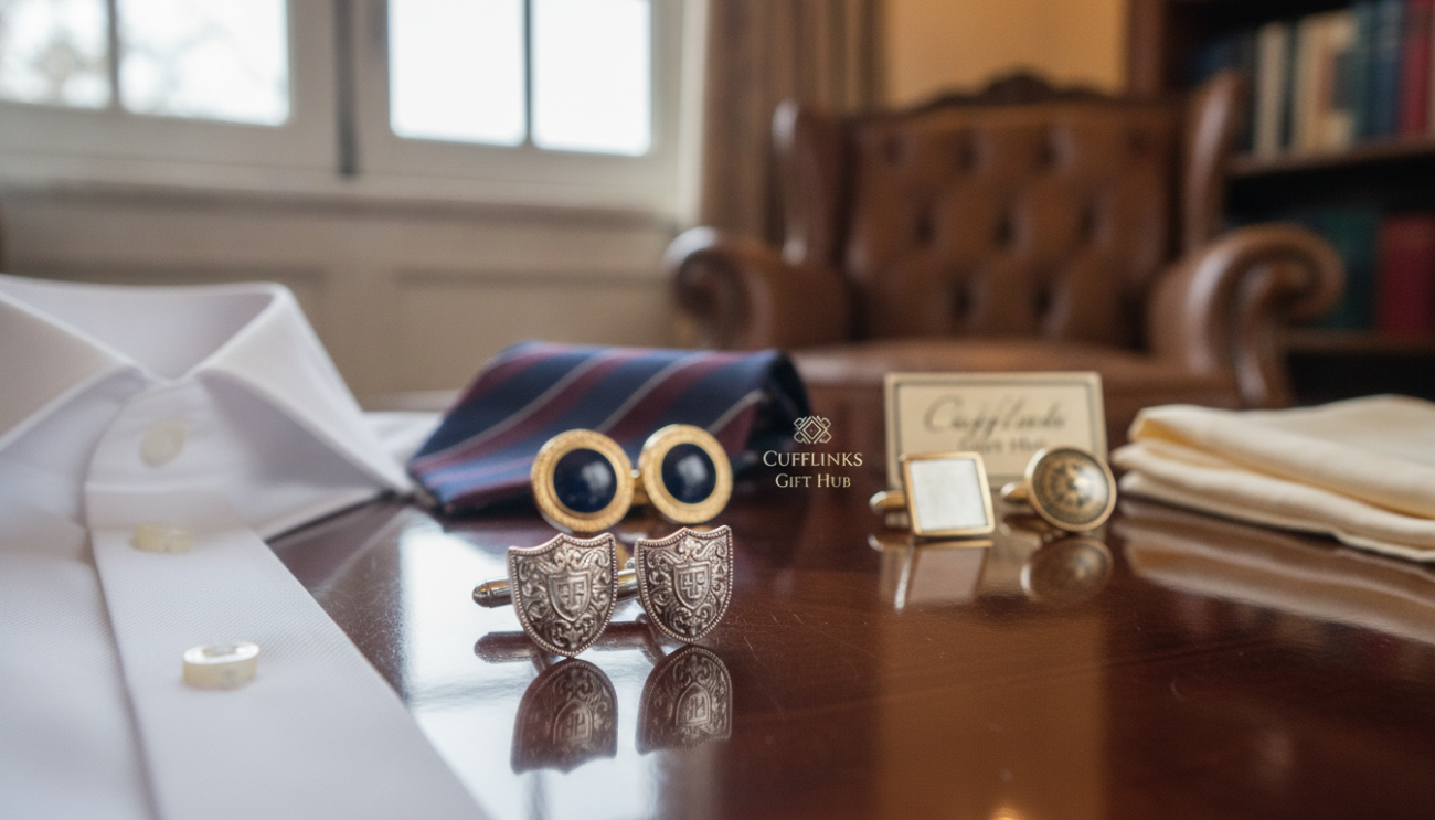 A stylish arrangement of formal accessories showcasing different cufflink styles on a polished wooden table. The foreground features an elegant pair of silver cufflinks with intricate designs, positioned next to a classic white dress shirt, collar opened. In the middle ground, a variety of cufflinks are displayed, including gold and enamel options, alongside a matching tie and pocket square, emphasizing the theme of coordinating accessories. The background reveals a softly blurred tastefully decorated room, with warm lighting casting a sophisticated glow. Use a shallow depth of field to highlight the cufflinks while keeping the atmosphere upscale and professional. Convey a sense of refinement and attention to detail, representing the brand "Cufflinks Gift Hub".