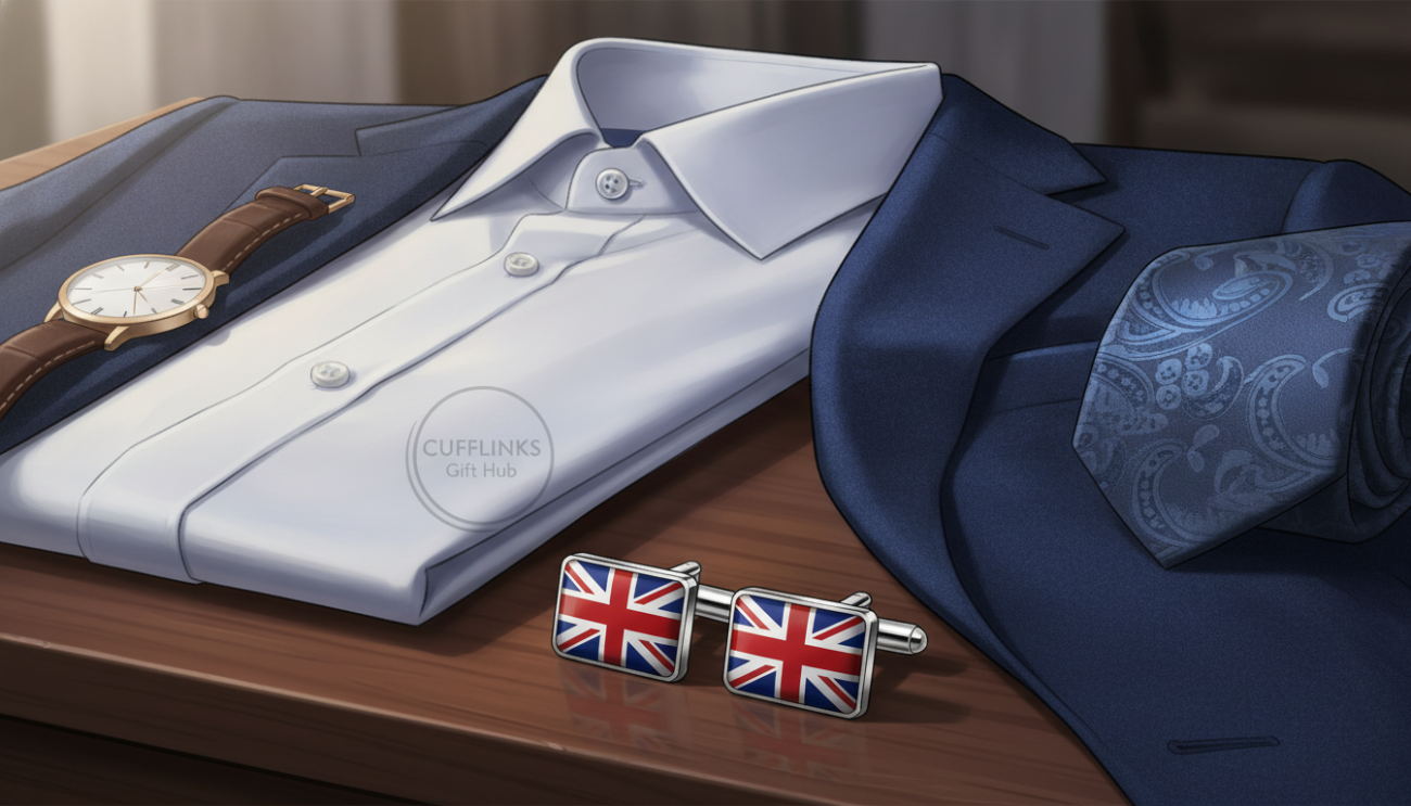 A stylish arrangement of men's accessories focusing on a pair of elegant Union Jack cufflinks displayed prominently in the foreground. The background features a neatly folded white dress shirt with a blue blazer draped casually on a wooden table, conveying a sophisticated yet approachable vibe. Accentuate the scene with a classic leather watch and a silk tie, hinting at refined taste. The lighting is warm and natural, casting soft shadows and highlighting the intricate details of the cufflinks. The angle captures a slightly overhead view, giving a sense of depth and inviting the viewer into this stylish world. Overall, the atmosphere is polished and contemporary, perfect for illustrating the theme of pairing accessories. Include the brand name "Cufflinks Gift Hub" subtly integrated into the scene, without direct visibility.