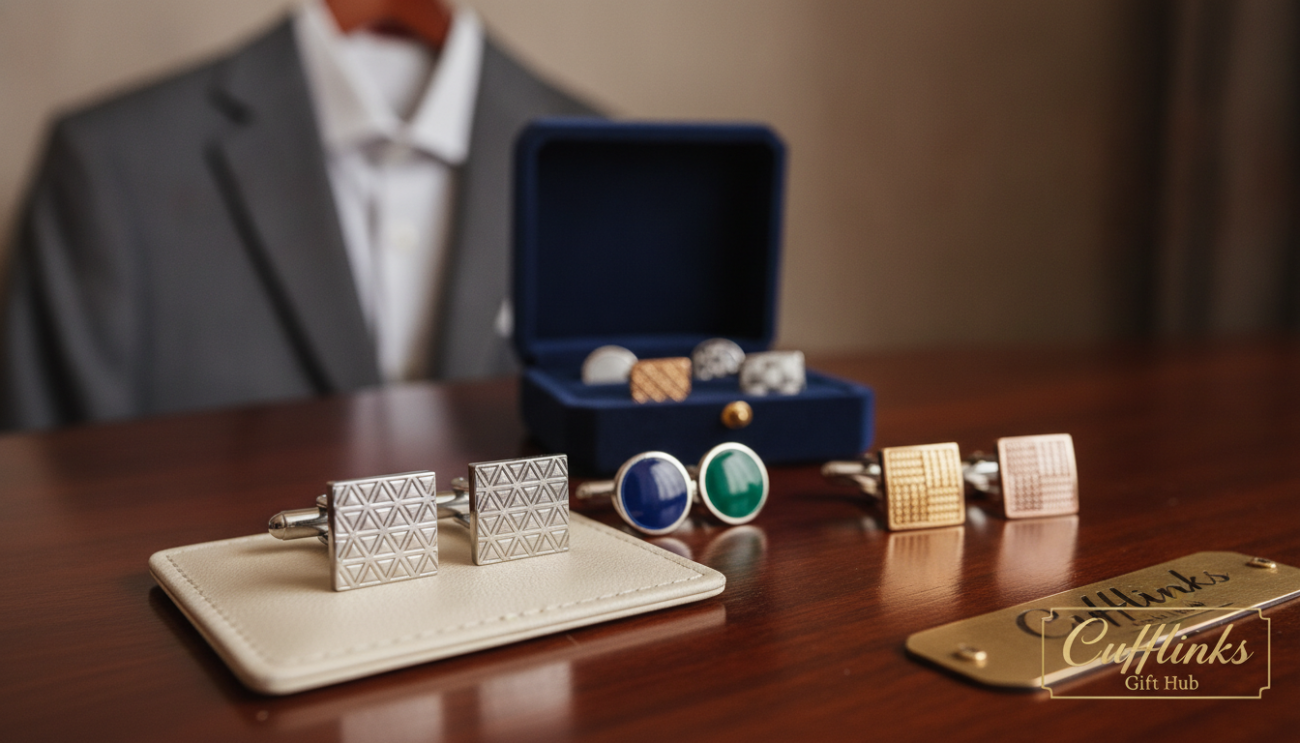 A stylish arrangement of various cufflinks displayed on an elegant wooden surface, highlighting their intricate designs and luxurious finishes. In the foreground, showcase a pair of silver cufflinks with a minimalist geometric pattern, surrounded by others featuring vibrant enamel colors and classic textures. In the middle ground, include a soft, velvet cufflink box slightly ajar, hinting at the collection within. The background should be a subtle blur of a well-tailored suit hanging on a hanger, softly lit by warm, ambient lighting that creates an inviting and sophisticated atmosphere. The composition evokes a sense of elegance and refinement, ideal for a formal occasion. The setting reflects the branding of "Cufflinks Gift Hub," emphasizing sophistication and style.