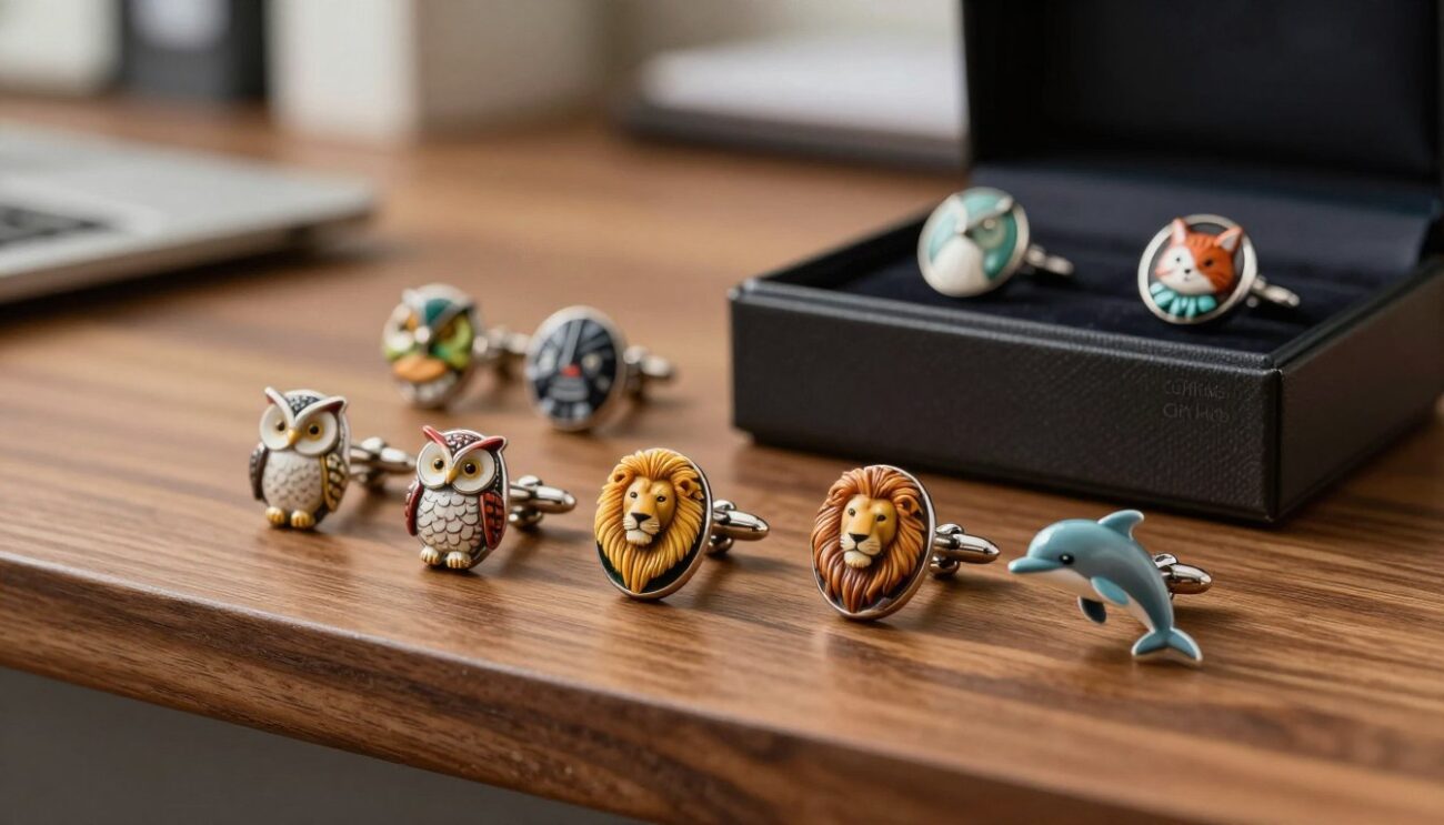 A stylish collection of animal-themed cufflinks for men displayed elegantly on a sleek wooden surface. In the foreground, focus on intricately designed cufflinks featuring a variety of animals such as an elegant owl, a majestic lion, and a playful dolphin, each showcasing vibrant colors and fine detailing. The middle ground features a refined cufflink box, partially open, revealing more designs inside. In the background, a blurred but sophisticated office setting hints at a professional atmosphere, with soft, warm lighting creating an inviting mood. The composition is captured from a slightly elevated angle, emphasizing the craftsmanship of the cufflinks. Brand name "Cufflinks Gift Hub" subtly integrated into the design.
