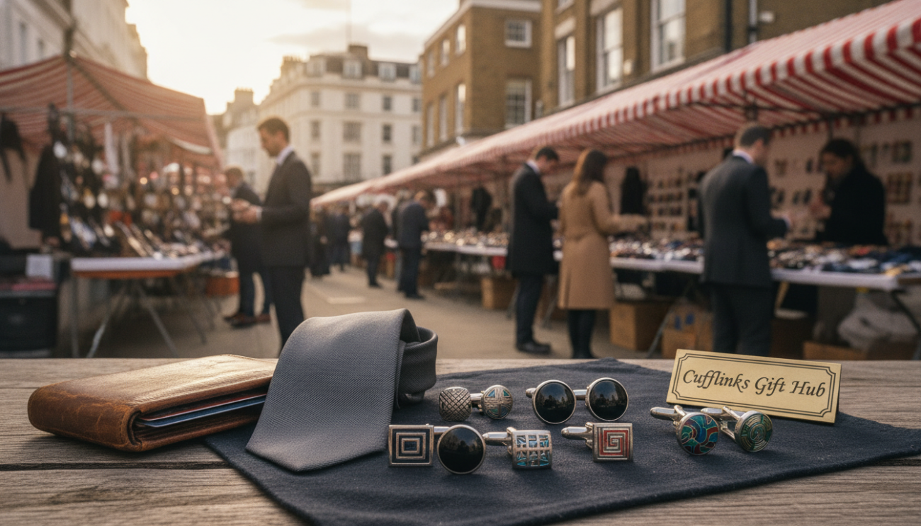 A stylish display of affordable men's cufflinks set on a rustic wooden table, showcasing various designs including classic silver, polished black, and colorful patterned options. In the foreground, several cufflinks are elegantly arranged next to a polished leather wallet and a sleek tie, hinting at refined taste. The middle ground features a softly blurred scene of a bustling London market with stalls filled with fashion accessories, under a cloudy yet bright sky, showcasing the vibrant atmosphere of shopping. In the background, iconic London architecture is visible, with a subtle hint of shoppers in professional business attire engaging with vendors. The lighting is warm and inviting, creating an appealing mood for fashionable shopping at "Cufflinks Gift Hub."