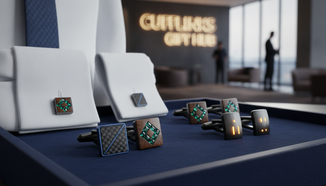 A stylish display of diverse cufflink designs representing future trends, arranged on an elegant velvet-lined tray. In the foreground, highlight unique cufflinks with innovative materials, such as carbon fiber, wood, and gemstones, showcasing intricate craftsmanship and modern aesthetics. The middle ground features a tailored dress shirt with French cuffs, subtly accentuating the cufflinks. In the background, a softly blurred upscale business setting with warm lighting creates an inviting atmosphere, hinting at sophistication and professionalism. Use a shallow depth of field to emphasize the cufflinks while maintaining a clean and refined composition. This image conveys the essence of "Cufflinks Gift Hub," illustrating the evolution of cufflinks as both formal and casual accessories.