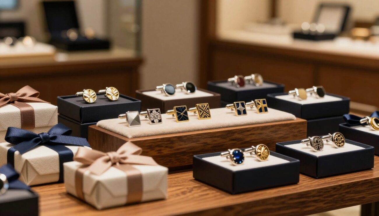 A stylish display of elegant men's cufflinks gift ideas, arranged on a polished wooden surface. In the foreground, several pairs of cufflinks are showcased in luxurious gift boxes, beautifully wrapped with ribbon and nestled in soft silk lining. The middle layer features an assortment of cufflinks made of different materials such as stainless steel, gold, and enamel, each highlighting unique designs like classic knots, modern geometric shapes, and intricate patterns. The background includes a softly blurred, upscale gift shop setting with warm lighting that enhances the sophistication and allure of the display. The atmosphere is luxurious and inviting, perfect for a thoughtful gift selection. The branding "Cufflinks Gift Hub" appears subtly in the design elements of the gift boxes.