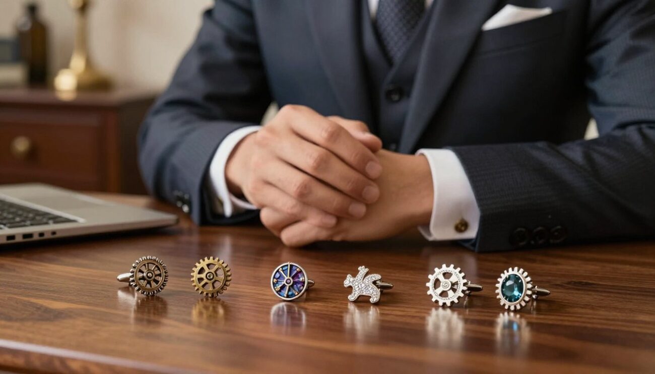 A stylish display of unique cufflinks for men, featuring a variety of innovative designs such as vintage-inspired gears, elegant gemstones, and whimsical shapes like animals or musical instruments. The foreground showcases a polished wooden table where the cufflinks are arranged aesthetically, glinting under soft, warm lighting. In the middle ground, a well-dressed male model in a tailored suit adjusts his cufflinks, embodying sophistication and charm. The background hints at an upscale office setting with blurred furniture and decor, creating an elegant ambiance. The overall mood is classy and refined, suitable for special gifting occasions, emphasizing the creativity of Cufflinks Gift Hub. The focus is on the cufflinks, ensuring they stand out as the centerpiece of the image.
