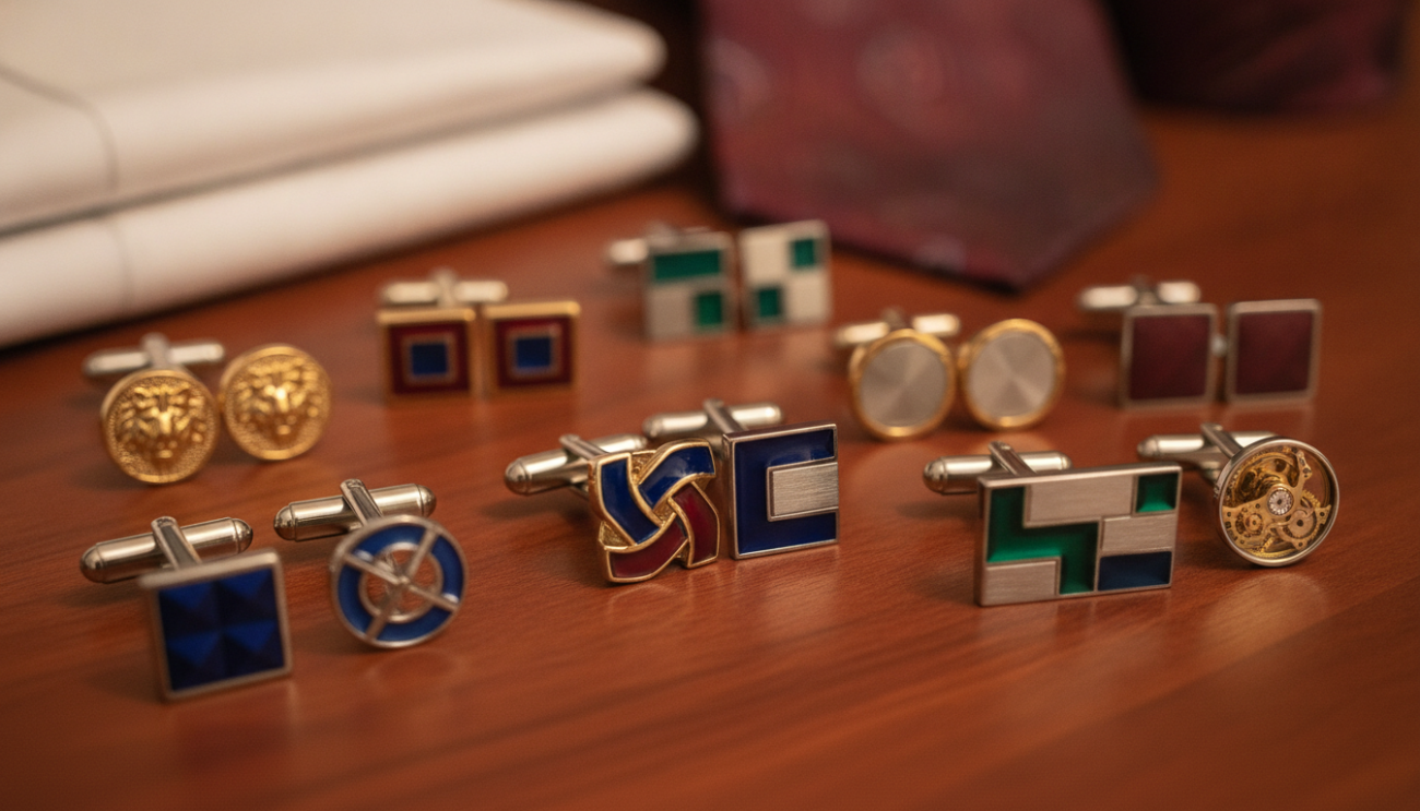 A stylish display of various top cufflink designs from renowned UK brand "Cufflinks Gift Hub". In the foreground, showcase a selection of luxury cufflinks in intricate patterns and metals, including silver, gold, and colorful enamel, glinting under soft, focused lighting. The middle ground captures a polished wooden surface, elegantly highlighting the cufflinks while adding a warm, classic ambiance. In the background, blurred images of formal shirts and a sophisticated tie set the scene for an upscale event, suggesting the cufflinks' perfect use. The overall mood is refined and aspirational, evoking a sense of elegance and sophistication suitable for formal occasions. Use a shallow depth of field to keep the focus on the cufflinks while the surrounding elements softly fade.