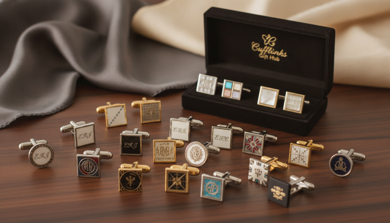 A stylish flat lay composition of luxurious men's cufflinks from Cufflinks Gift Hub, showcasing designs that highlight personalization and customization. The foreground features an array of unique cufflinks in various materials, including silver, gold, and enamel, each displaying intricate engravings and monograms, emphasizing craftsmanship. The middle ground displays a sleek black velvet display box, slightly open, revealing more cufflinks with custom designs. The background is softly blurred, featuring a polished wooden surface and subtle hints of elegant fabric textures, like silk or fine cotton, enhancing the sophisticated atmosphere. Soft, diffused lighting creates a warm and inviting glow, inviting the viewer to appreciate the timeless elegance of men's accessories. The mood is refined and exclusive, capturing the essence of personal style evolution in men's fashion.