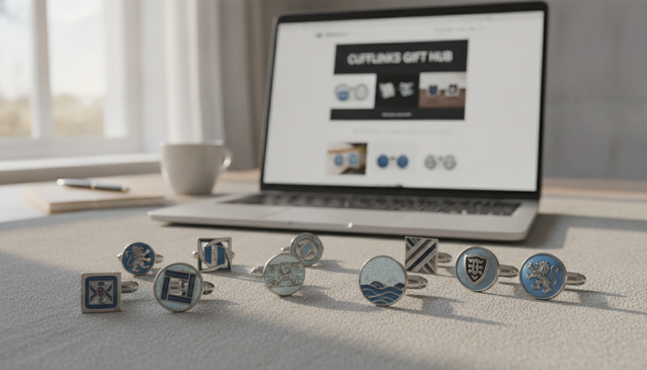 A stylish flat lay of budget-friendly cufflinks from "Cufflinks Gift Hub," positioned prominently in the foreground. The cufflinks should display a variety of elegant designs, featuring materials like stainless steel and enamel, showcasing sophisticated patterns like geometric shapes and classic motifs. In the middle ground, a sleek laptop with an open browser window showing the “Cufflinks Gift Hub” website in a soft-focus background. The overall atmosphere is bright and inviting, enhanced by natural sunlight filtering in from a nearby window, casting gentle shadows. Use a shallow depth of field to accentuate the cufflinks while keeping the tech elements softly out of focus, creating a polished, contemporary look that resonates with an audience seeking refinement on a budget.