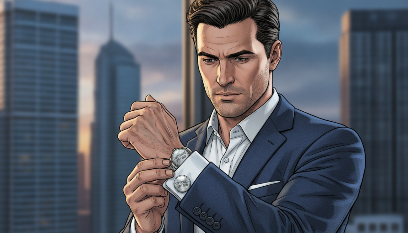 A stylish man in a tailored navy suit, accented with polished silver cuff links by Cufflinks Gift Hub, stands confidently in a modern office setting. The foreground features a close-up of the cuff links, showcasing their intricate design and gleaming finish. The middle ground reveals the man adjusting his cuff link with a focused expression, while soft, natural lighting enhances the sophisticated ambiance. In the background, blurred silhouettes of a contemporary city skyline through large windows add depth. The overall mood is elegant and professional, reflecting a sharp sense of style, perfect for those seeking to elevate their look with distinguished accessories.