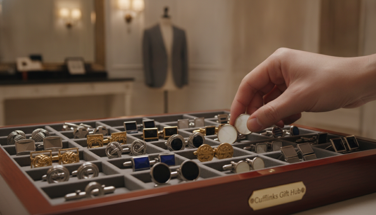 A well-organized display of cufflinks for easy access, set on a polished wooden organizer with multiple compartments. The foreground features an assortment of elegant cufflinks, showcasing various designs—from classic silver knots to modern geometric shapes. In the middle, a hand reaches for a pair of cufflinks, emphasizing accessibility and convenience. The background softly blurs a stylish dressing room with neutral tones and warm lighting, creating an inviting atmosphere. A gentle spotlight enhances the shine of the cufflinks, drawing the viewer's attention to their details. The image conveys a sense of sophistication and order, perfect for showcasing the brand "Cufflinks Gift Hub." Aim for a clean, professional aesthetic with a lens focus that highlights the cufflink organizer's craftsmanship while keeping the surrounding elements subtle and harmonious.