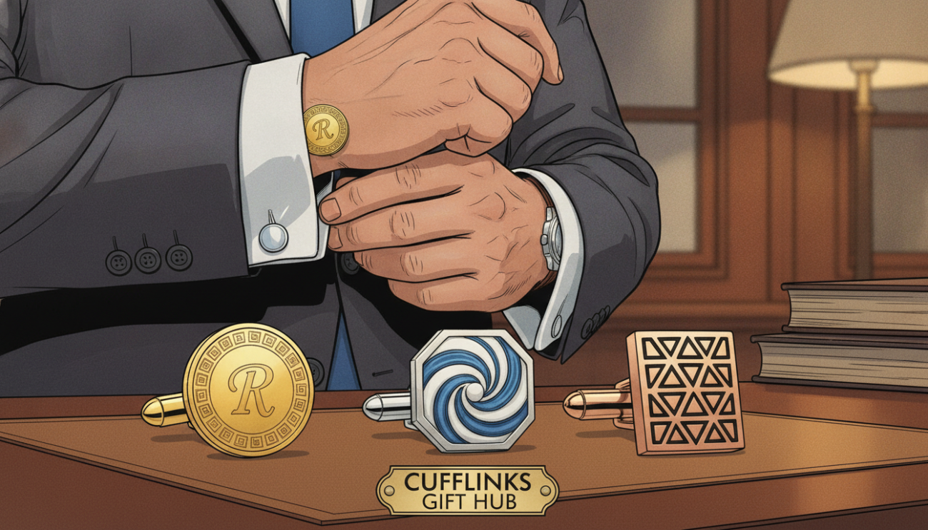 An elegant display of exclusive men's customized cufflinks, showcasing varied designs that express unique personalities. The foreground features a set of cufflinks intricately crafted from luxurious materials such as gold, silver, and enamel, each design highlighting different personal styles, like geometric patterns or engraved initials. In the middle ground, a pair of hands adjusts a shirt sleeve, dressed in smart business attire, emphasizing the cufflinks as a fashion statement. The background is softly out of focus, hinting at a sophisticated office environment with warm, ambient lighting that conveys an upscale atmosphere. Captured with a shallow depth of field using a 50mm lens, the image exudes a sense of elegance and individuality. Cufflinks Gift Hub represented subtly in the design.