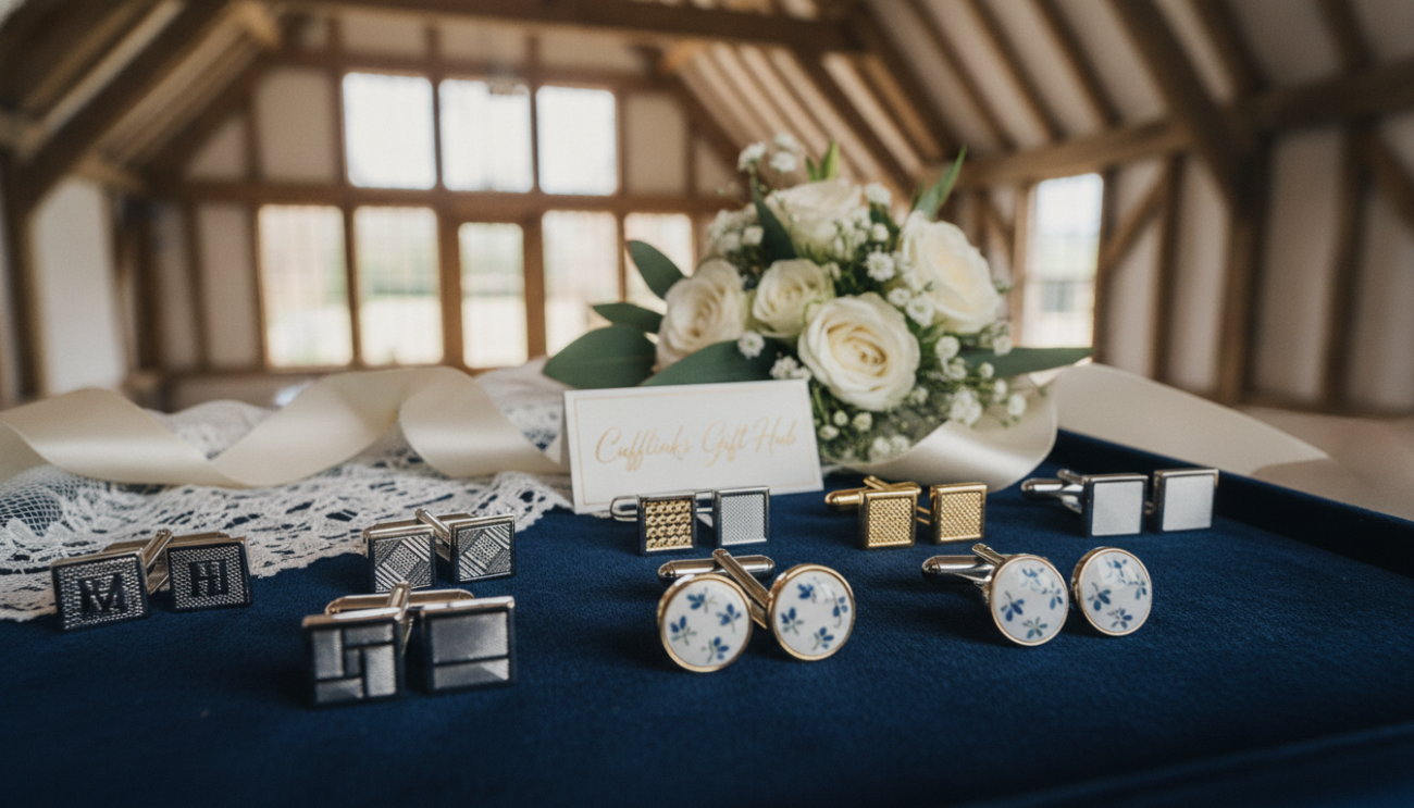 An elegant display of wedding accessories centered around cufflinks, showcasing a variety of stylish cufflink sets. In the foreground, several cufflink pairs with intricate designs and finishes, such as silver, gold, and enamel, elegantly arranged on a plush velvet surface. The middle ground features elegant wedding-themed decor, including delicate lace, a beautiful floral arrangement, and soft silk ribbons to enhance the wedding atmosphere. In the background, hints of a rustic UK wedding venue, with wooden beams and soft natural lighting, create a warm and inviting ambiance. Capture the scene with a macro lens, focusing on the intricate details of the cufflinks while subtly blurring the background. The mood is classy and refined, perfect for an upscale wedding accessory shopping experience. Include a branded element labeled "Cufflinks Gift Hub" subtly integrated into the display, enhancing brand recognition.