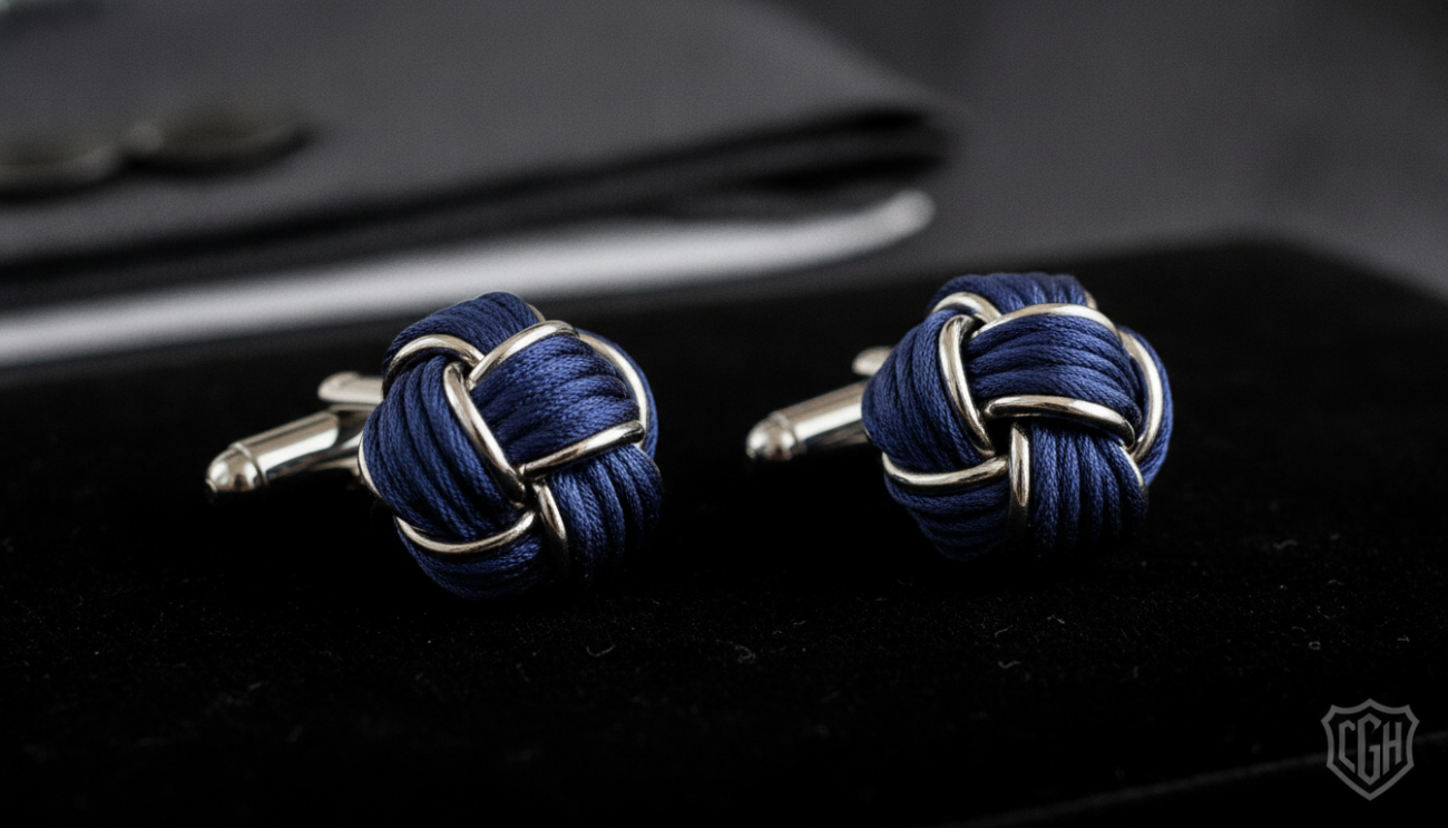 Create a stunning close-up image of a pair of classy knot cufflinks, crafted from high-polished silver and deep navy blue silk. Place the cufflinks on a sleek black velvet surface to enhance their elegance. The foreground features the cufflinks sparkling under soft, diffused lighting that highlights their intricate knot design. In the middle background, suggest a softly blurred luxurious suit jacket, emphasizing the cufflinks as an essential accessory for discerning gentlemen. Use a shallow depth of field to create a refined atmosphere, evoking sophistication and confidence. The overall mood should communicate a sense of timeless style and class. Ensure no text, logos, or watermarks are present in the image. Include subtle branding elements associated with "Cufflinks Gift Hub" in the design.