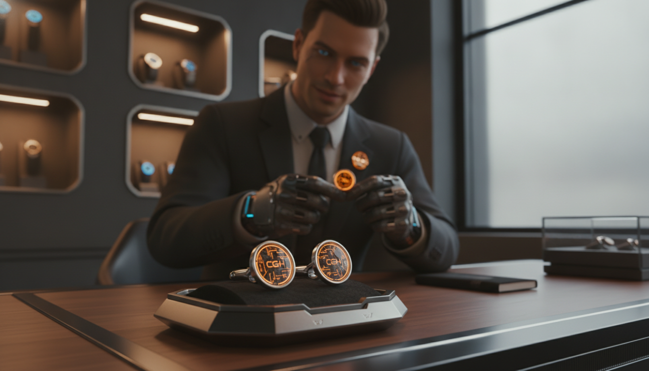 Customer evaluating premium orange cufflinks