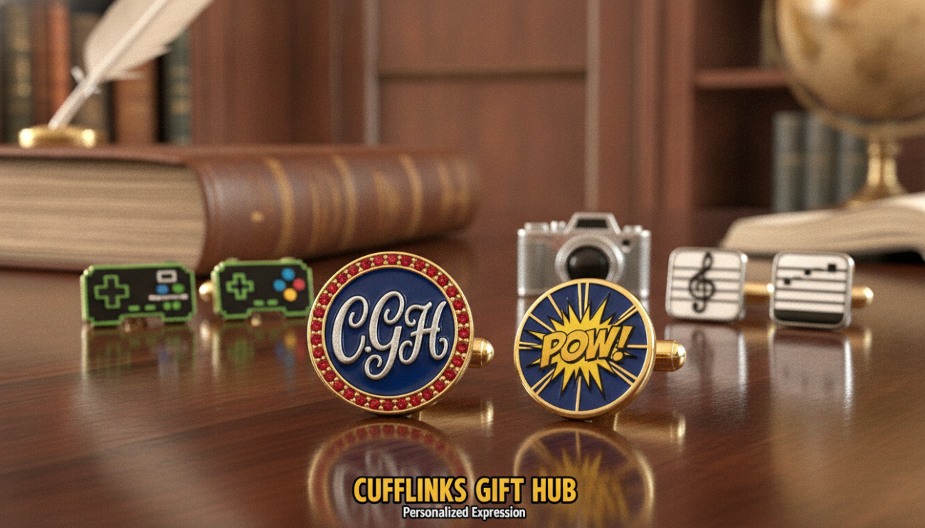 Customised cufflinks displayed prominently on a polished wooden surface, showcasing a variety of unique designs that reflect personal styles. In the foreground, there's a close-up focus on a pair of cufflinks featuring an intricate monogram and a gemstone inlay, highlighting their craftsmanship and individuality. The middle ground includes several other styled cufflinks, each distinct in color and design, with some showcasing themes like hobbies or professions. The background is softly blurred, featuring a classy office environment with subtle lighting, evoking a sense of elegance and sophistication. The image uses warm, ambient lighting to enhance the materials, and is captured with a macro lens for clarity. The overall mood is refined and inviting, embodying the theme of personalized expression by Cufflinks Gift Hub.