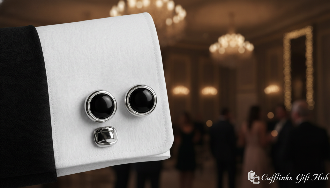 Elegant cufflinks designed for black tie events, showcased prominently in a close-up view. The cufflinks feature a classic, timeless design with polished silver and onyx, reflecting light subtly to enhance their luxury. In the foreground, include rich textures of a formal black tuxedo shirt, with the cuffs slightly rolled back to reveal the cufflinks. In the middle background, add a softly blurred ambiance of a dimly lit ballroom, with soft golden lights creating a warm atmosphere. Capture the mood of sophistication and elegance, reminiscent of high-end social gatherings. The lighting should highlight the glossiness of the cufflinks while maintaining a refined, elegant feel. This image embodies luxury accessories for formal wear from Cufflinks Gift Hub.