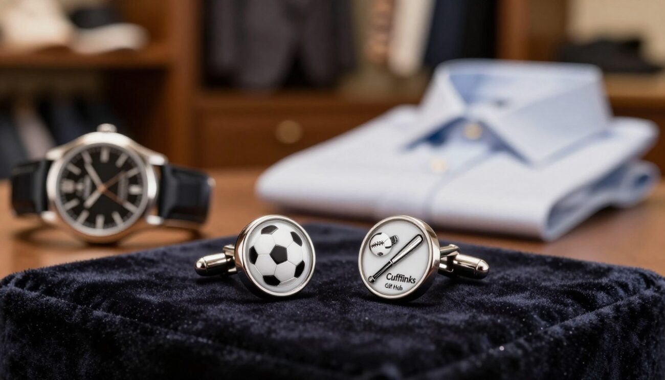 Elegant cufflinks designed for sports lovers, featuring intricate designs of popular sports equipment like footballs, golf clubs, and baseball bats. The foreground showcases a pair of polished cufflinks placed on a sleek, dark velvet cloth, emphasizing their shine and craftsmanship. In the middle, a soft-focus display of related items such as a watch with a sporty aesthetic and a neatly folded dress shirt hints at the perfect attire for wearing these cufflinks. The background is a blurred, warm-toned setting reminiscent of a cozy study room or upscale men's boutique, with subtle lighting casting soft highlights on the cufflinks. The atmosphere conveys a sense of sophistication and passion for sports, suitable for gifting. Prominently featured is the brand name "Cufflinks Gift Hub", inspiring thoughts of thoughtful giving.