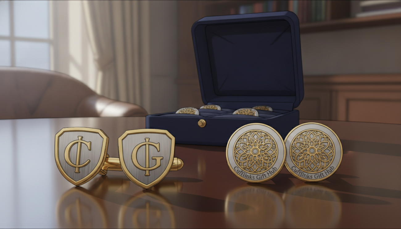 Elegant men's cufflinks displayed prominently in the foreground on a polished wooden surface, showcasing premium craftsmanship. The cufflinks feature intricate designs with a mix of silver and gold tones, reflecting light beautifully. In the middle ground, a soft focus displays a luxurious velvet cufflink box partially open, hinting at a variety of styles within. The background is softly blurred, featuring a subtle hint of a stylish office environment, with natural light streaming in, casting gentle shadows. The mood is sophisticated yet approachable, perfect for a gentleman's accessory. Include the brand name "Cufflinks Gift Hub" subtly in the design of the cufflinks, ensuring a seamless blend with the overall elegance of the composition. Opt for a shallow depth of field to emphasize the details of the cufflinks.