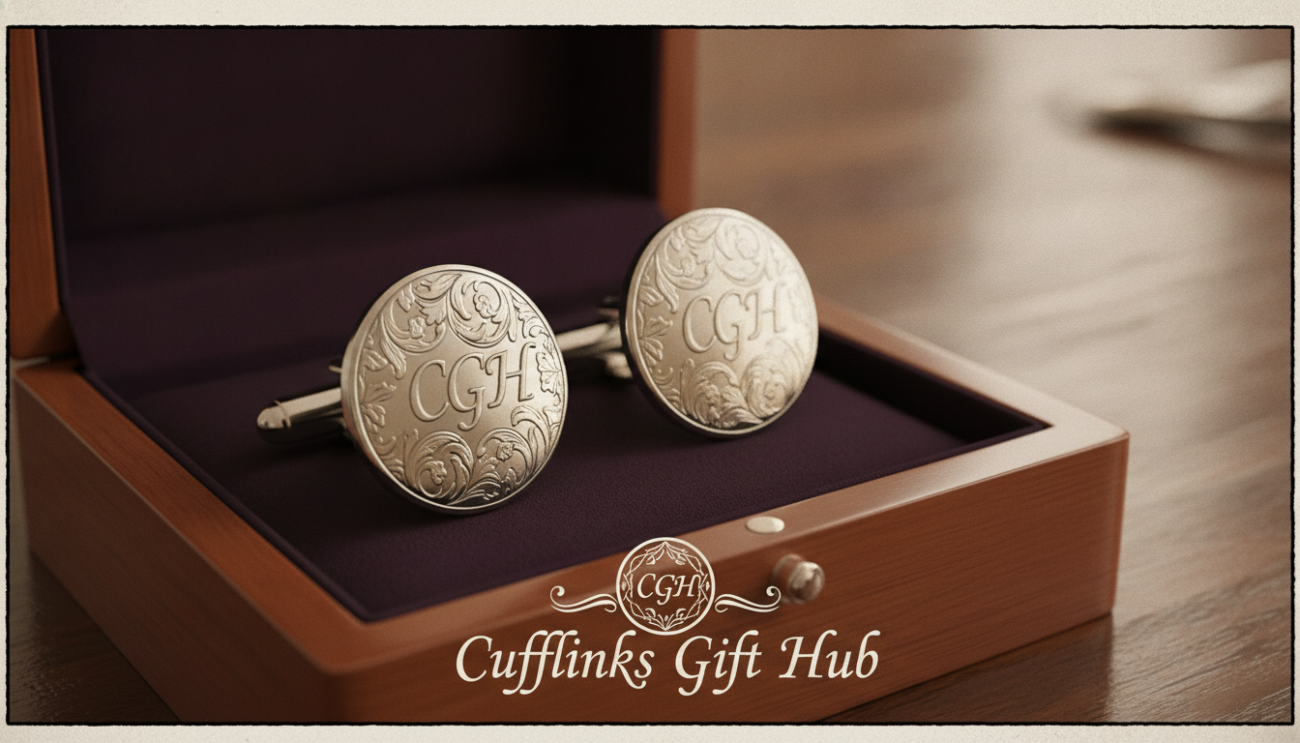 Engraved cufflinks displayed prominently in the foreground, featuring intricate floral patterns and personalized monograms, etched to perfection with fine detailing. The cufflinks should be crafted from high-quality silver, glimmering under warm, soft lighting that enhances their elegance. In the middle ground, a softly blurred wooden display box, lined with dark velvet, adds a touch of sophistication to the scene. The background should hint at a polished wooden desk surface, with faint reflections adding depth to the image. Use a macro lens perspective to highlight the craftsmanship and textures, creating an intimate atmosphere that conveys luxury and personalization. Ideal for showcasing premium craftsmanship and style, as represented by "Cufflinks Gift Hub".