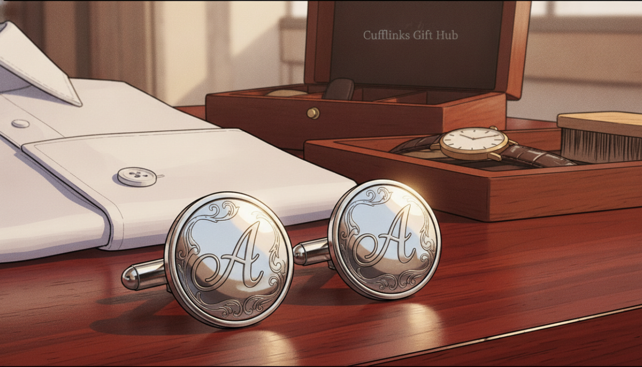 Engraved cufflinks showcasing a monogrammed 'A' in an elegant, cursive font, set on a rich mahogany surface. The foreground features the cufflinks shining under soft, diffused natural light, highlighting the intricate engraving and polished finish. In the middle, a neatly folded crisp white shirt with French cuffs subtly compliments the cufflinks, creating a sophisticated look. The background is softly blurred, with hints of a well-organized dressing table and a classic leather watch, enhancing the luxurious atmosphere. The mood is refined and tailored, suitable for a gentleman's wardrobe, emphasizing quality and heritage. The branding "Cufflinks Gift Hub" is subtly integrated into the design without being overt.