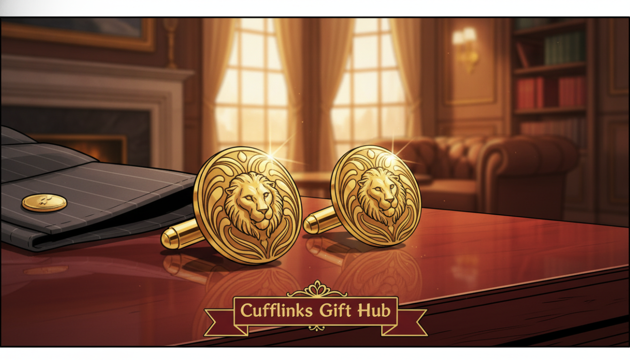 Exquisite gold cufflinks displayed on a polished mahogany surface, reflecting their luxurious shine. The cufflinks feature intricate engravings and a classic design, showcasing a blend of elegance and sophistication. The foreground captures the cufflinks in sharp focus, inviting the viewer to admire their craftsmanship. In the middle ground, a hint of a stylish, tailored dress shirt peeks out, emphasizing their intended use in formal attire. The background features a softly blurred, tastefully decorated room with warm, ambient lighting, creating an inviting atmosphere. The image conveys a sense of refinement and exclusivity, perfectly representing premium craftsmanship. No text or watermarks. Cufflinks Gift Hub.