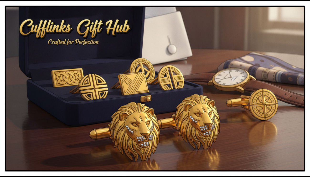 Golden cuff links elegantly displayed on a polished wooden table, showcasing intricate designs and a luxurious gold finish. The foreground features a close-up of the cuff links, capturing their gleaming surface and detailed craftsmanship, reflecting light beautifully. In the middle ground, a stylishly arranged velvet-lined box partially open reveals more cuff link options, hinting at sophistication. The background is softly blurred, featuring elegant accessories and a hint of a tailored shirt and a classic watch, adding to the overall atmosphere of refinement. The scene is illuminated by soft, warm lighting emphasizing the richness of the gold and creating a cozy, inviting mood. This image represents "Cufflinks Gift Hub" and embodies the essence of designing the perfect golden cuff links.
