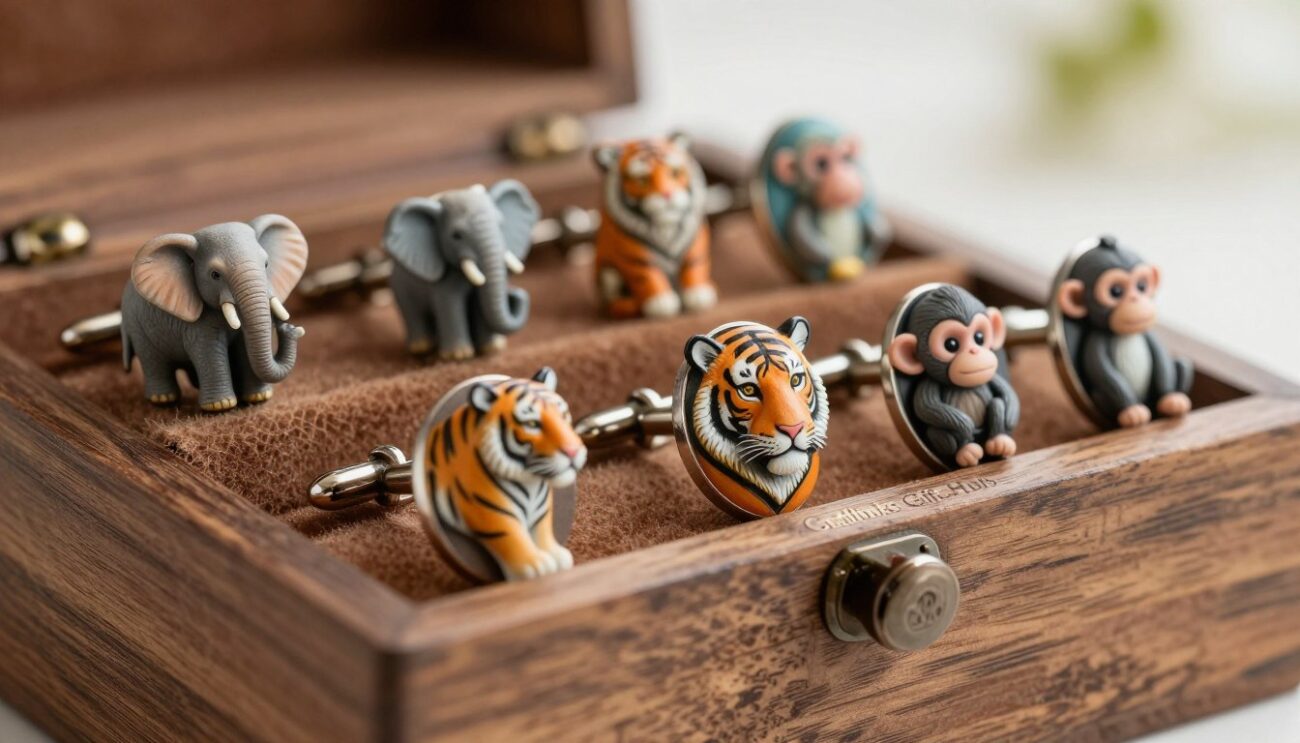 Handmade animal cufflinks crafted from high-quality materials, prominently displayed in the foreground. Each cufflink features intricate designs of various wild animals such as an elegant elephant, vibrant tiger, and playful monkey, showcasing fine craftsmanship and attention to detail. The middle ground includes a beautifully arranged selection of these cufflinks on a rustic wooden presentation box, reflecting warmth and sophistication. In the background, soft, diffused lighting enhances the natural textures and colors, with a light bokeh effect to create depth. The overall mood exudes luxury and charm, perfect for any occasion. The brand name “Cufflinks Gift Hub” subtly incorporated in the design, emphasizing quality and uniqueness without distraction or clutter. Ideal for enhancing any formal attire, these cufflinks embody a blend of artistry and wildlife appreciation.