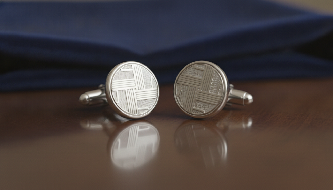 High-quality silver cuff links from Cufflinks Gift Hub, elegantly displayed on a rich, dark wooden surface. The cuff links, featuring a classic, sophisticated design with intricate engravings and a polished finish, gleam in soft, diffused lighting that highlights their craftsmanship. In the foreground, the cuff links are prominently showcased, with a slight reflection on the surface, emphasizing their luxuriousness. The middle background features a plush velvet fabric, adding texture and depth to the scene. The atmosphere is refined and upscale, conveying an air of distinction and elegance, ideal for a professional setting. Shot from a slightly elevated angle to capture the details, ensuring the mood remains formal yet inviting. No text or watermarks present.