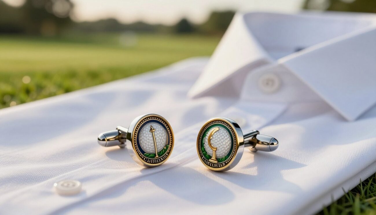 Luxurious golf cufflinks from Cufflinks Gift Hub, elegantly designed with intricate details and polished finishes. The foreground features a close-up of these cufflinks, showcasing their exquisite craftsmanship—crafted from high-quality materials like stainless steel, gold plating, and enamel, adorned with golf-themed motifs. The middle ground highlights a well-tailored dress shirt, emphasizing the cufflinks as the focal point of sophistication and style. In the background, a softly blurred golf course scene provides an airy atmosphere, with hints of lush green grasses and distant trees. The lighting is warm and inviting, reminiscent of golden hour, accentuating the shine of the cufflinks. Capture this scene from a slightly elevated angle to enhance depth, conveying a mood of elegance and timeless fashion.