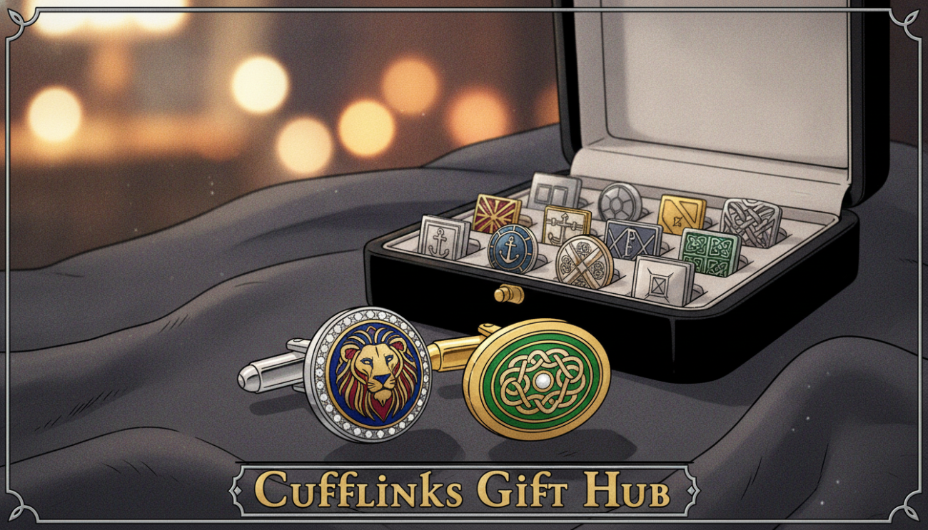 Luxury cufflinks displayed prominently in the foreground, featuring a mix of polished silver and gold finishes, adorned with intricate, hand-painted enamel designs. The middle ground showcases a classic black velvet cufflink box, elegantly opened to reveal the cufflinks, set against a backdrop of soft, blurred fabric. The lighting is warm and inviting, casting gentle reflections on the metal surfaces, creating an atmosphere of sophistication and refinement. A subtle bokeh effect adds depth, emphasizing the cufflinks as a gift choice. The composition is shot from a slightly elevated angle, capturing both the details of the cufflinks and the allure of their presentation. The image represents "Cufflinks Gift Hub," conveying timeless elegance ideal for gifting.