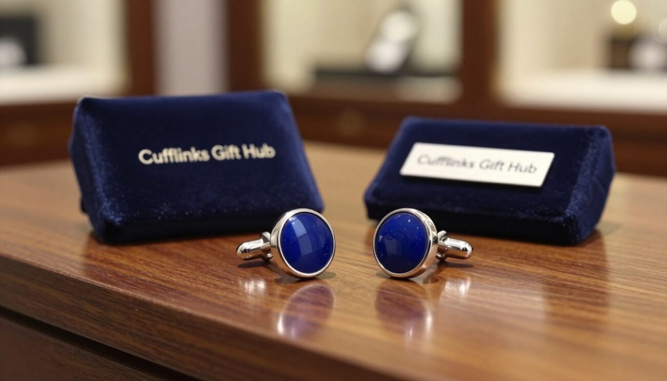 Luxury cufflinks for men displayed prominently on a polished wooden surface, reflecting light with a subtle sheen. The foreground features a pair of elegant cufflinks with intricate designs—perhaps a deep blue enamel finish set in silver, showcasing a blend of modern sophistication and classic style. In the middle ground, a small velvet pouch labeled "Cufflinks Gift Hub" is slightly open, hinting at the luxurious experience of gifting. The background is softly blurred, hinting at a high-end boutique setting with warm, ambient lighting that creates an inviting atmosphere. The camera angle is slightly elevated, focusing on the cufflinks while ensuring the overall vibe exudes elegance and exclusivity, perfect for impressing on any occasion.