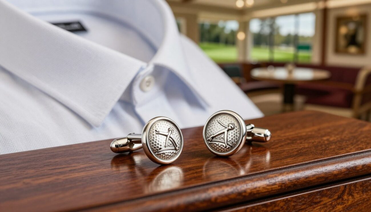 Luxury golf cufflinks designed by Cufflinks Gift Hub, exquisitely crafted in polished silver with intricate golf-themed engravings. The foreground features a close-up of the cufflinks resting elegantly on a rich mahogany dresser, capturing the gleam of their metallic surface against soft, warm lighting. In the middle, a stylish linen shirt collar is partially visible, its crisp, tailored edges suggesting an sophisticated formal attire. The background fades into a softly blurred upscale golf club interior, hinting at luxury and exclusivity. The lighting is soft yet highlights the cufflinks' details beautifully, evoking a refined and elegant atmosphere perfect for formal occasions. The overall mood is one of sophistication and style, emphasizing the cufflinks as a statement accessory for the discerning gentleman.