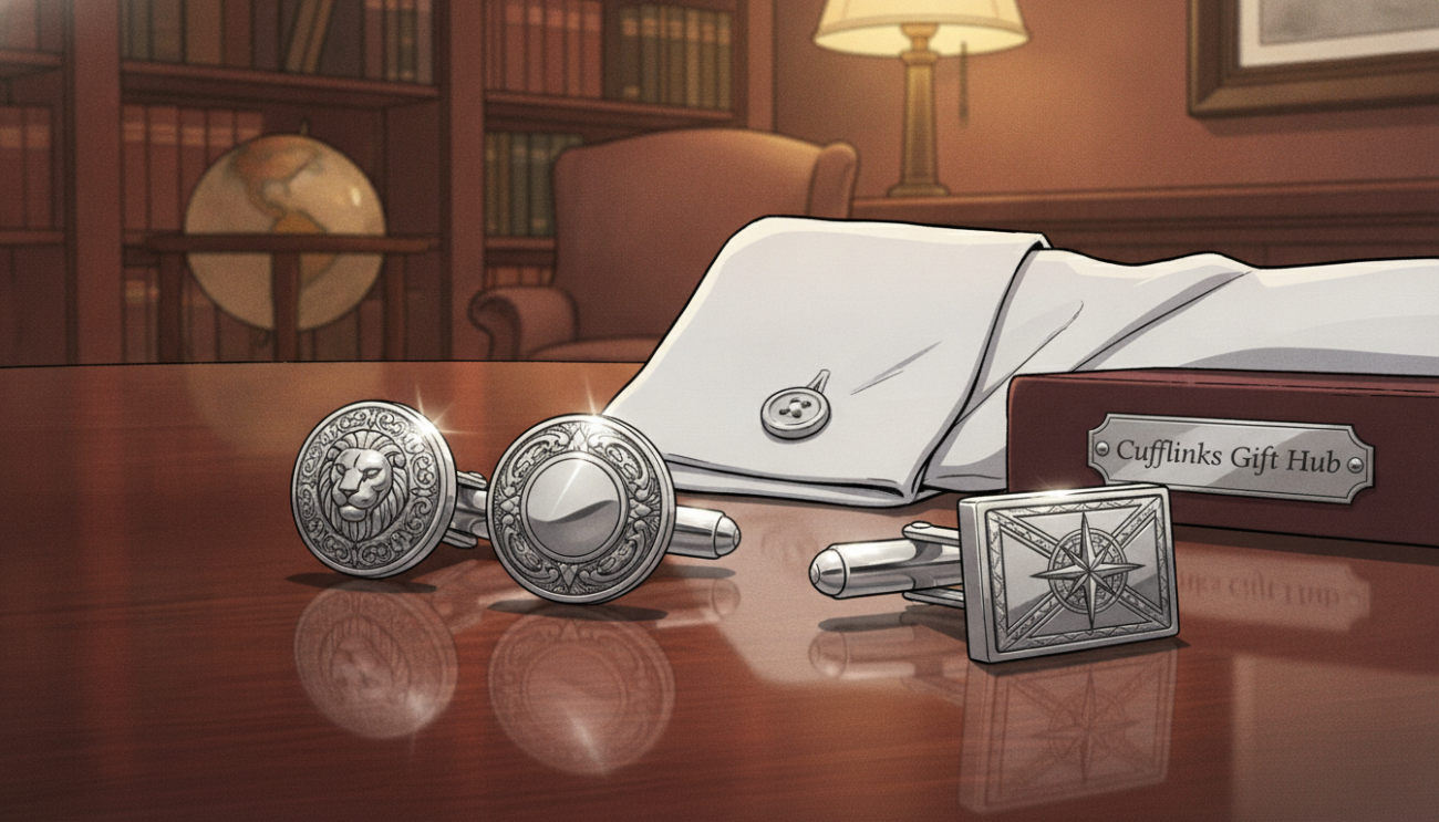 Luxury silver cufflinks displayed on a polished mahogany surface, showcasing intricate designs and a subtle shine that reflects light beautifully. In the foreground, the cufflinks are arranged artistically, highlighting their craftsmanship with detailed engravings and a classic elegance. The middle ground features soft-focus elements such as a tailored white dress shirt with a buttoned cuff, emphasizing the cufflinks as a perfect accessory for refined style. The background blurs softly, incorporating a tastefully decorated study with warm ambient lighting, evoking a sophisticated atmosphere. The overall mood conveys a sense of timeless elegance and investment value, providing an inviting glimpse into an upscale lifestyle. Include the brand name "Cufflinks Gift Hub" subtly integrated into the scene, avoiding any text overlays.