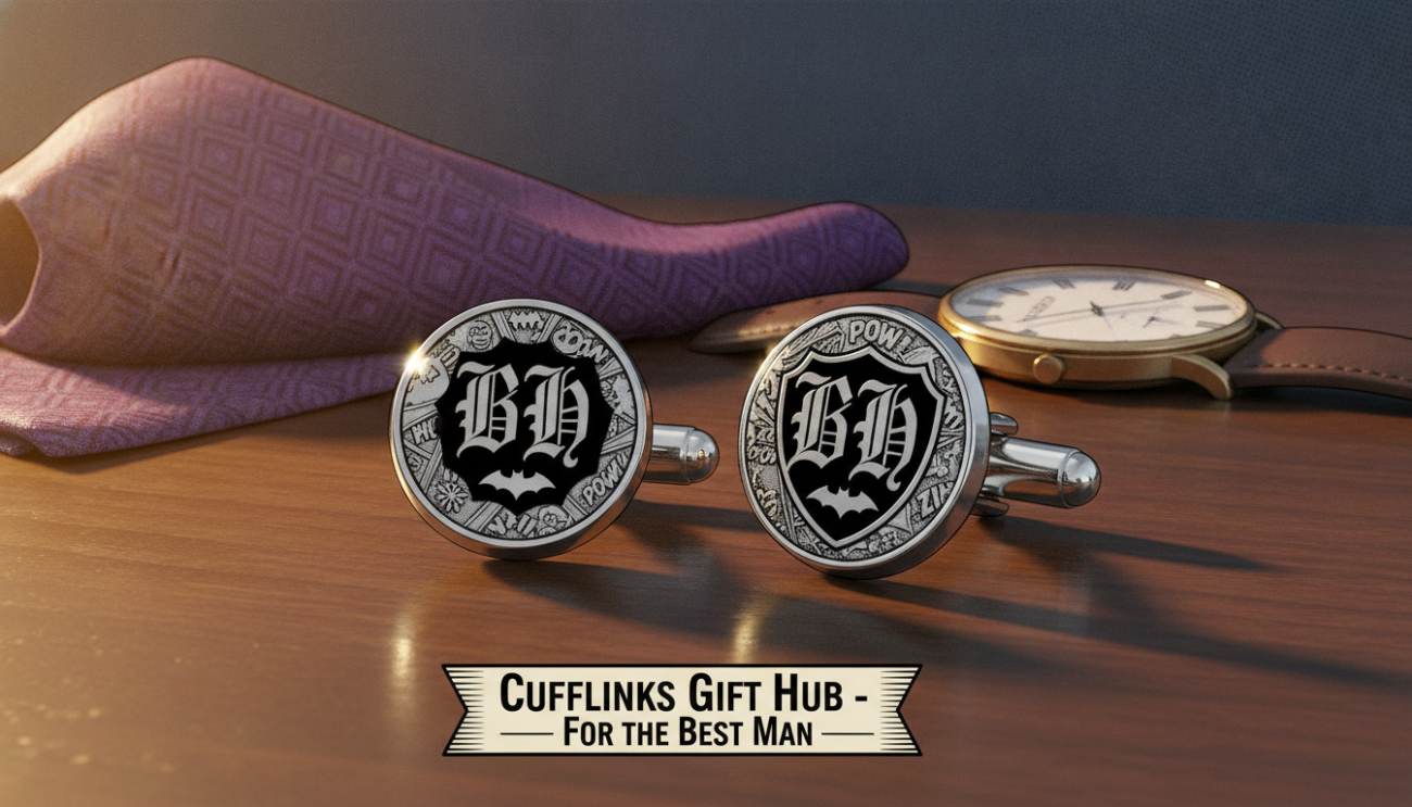 Personalized cufflinks displayed prominently on a polished wooden surface, showcasing intricate designs and engravings that reflect elegance and sophistication. The foreground captures a close-up view of the cufflinks, highlighting their unique customization options, such as initials or symbols. In the middle, a delicate, soft-focus backdrop features a neatly folded silk pocket square and a classic watch, which adds to the refined atmosphere. The lighting is warm and inviting, casting gentle shadows that enhance the textures of the materials. The image is captured from a low angle, emphasizing the cufflinks as a statement piece for a best man’s attire. The overall mood conveys timeless elegance and the personal touch associated with gifts from Cufflinks Gift Hub, evoking a sense of celebration and style.