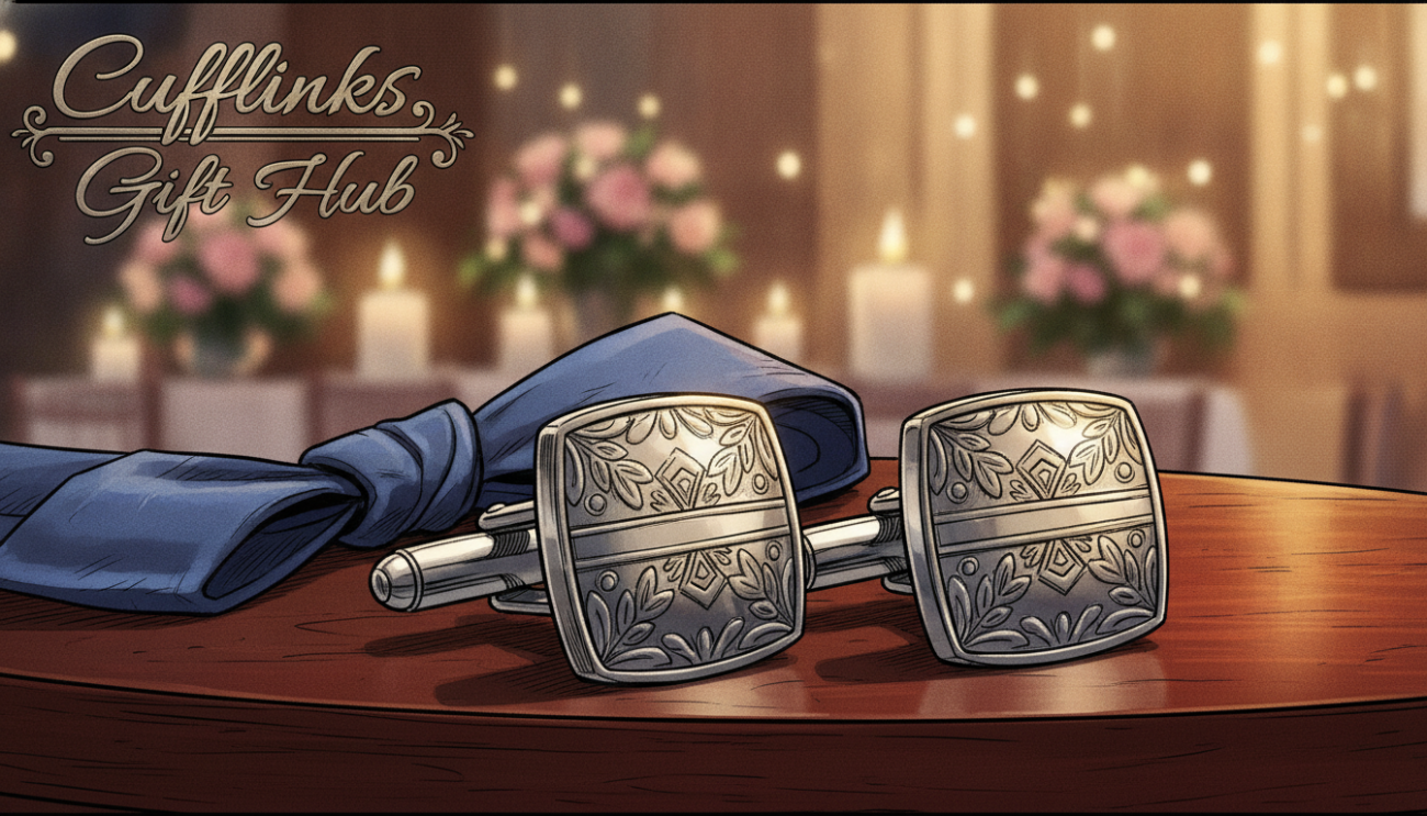 Silver cufflinks positioned elegantly on a polished dark wooden surface, showcasing intricate engravings and a mirror-like finish that reflects soft, ambient light. The foreground highlights the detailed craftsmanship, revealing subtle textures and patterns that suggest sophistication and timelessness. In the middle ground, a blurred silk tie drapes gently beside the cufflinks, enhancing the luxurious feel. The background features a softly lit, blurred wedding setting, hinting at delicate floral arrangements and romantic decor without distracting from the main subject. The lighting is warm and inviting, casting gentle shadows to emphasize the cufflinks’ craftsmanship. The overall mood is elegant and serene, capturing the essence of refined wedding accessories. Brand name elegantly placed as part of the composition: "Cufflinks Gift Hub".