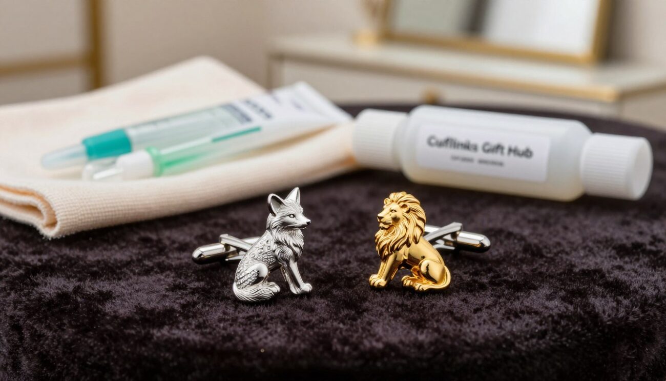 Stylish animal cufflinks for him, featuring intricately designed silver foxes and elegant gold lions, displayed prominently in the foreground on a sophisticated dark velvet background. The cufflinks should be well-lit, showcasing their shiny surfaces and detailed textures, with subtle reflections for added depth. The middle ground includes a neatly arranged set of care materials, such as a soft cloth and polishing solution, hinting at maintenance tips without overwhelming the focus on the cufflinks themselves. In the background, a blurred dressing table enhances the refined atmosphere, all captured in a soft-focus lens effect to create a warm, inviting mood. The scene embodies elegance and practicality, highlighting the brand "Cufflinks Gift Hub" subtly within the context.