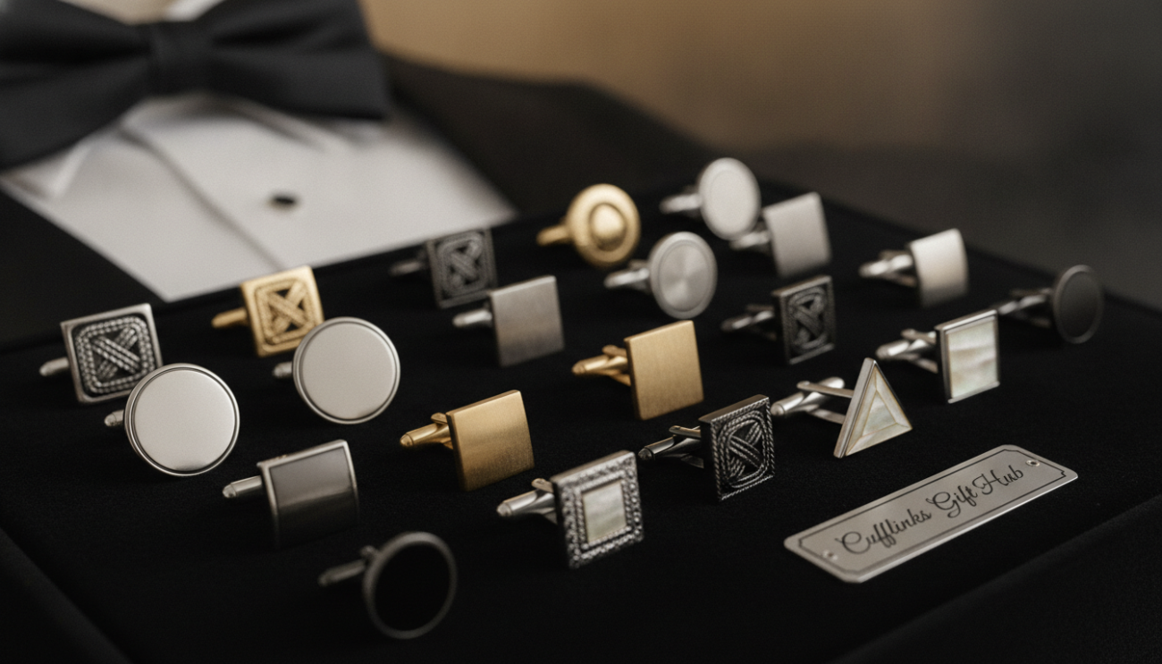 Stylish cufflinks for tuxedos displayed prominently on a sleek black velvet surface. The foreground features a variety of popular cufflink designs, including classic silver and gold finishes, intricate knot patterns, and modern geometric shapes. Each piece reflects a polished sheen under soft, diffused lighting to highlight their elegance. In the middle ground, a sophisticated tuxedo shirt collar peeks in, hinting at the luxurious context of these accessories. The background is softly blurred to maintain focus on the cufflinks while enhancing the overall atmosphere of timeless style and refinement. Ideal for showcasing fashion accessories in an upscale setting, the image captures a mood of sophistication and class. Branding included: "Cufflinks Gift Hub" subtly incorporated into the scene.