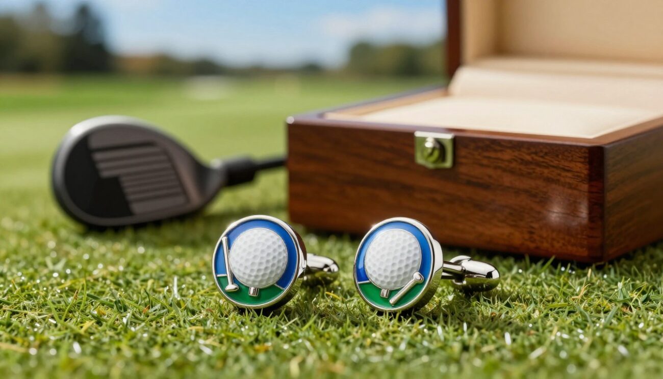 Stylish golf cufflinks showcased prominently in the foreground, featuring a sleek design with a golf ball and tee motif, crafted from high-quality silver and enamel for a vibrant look. The cufflinks should reflect light beautifully, emphasizing their polished finish. In the middle ground, a luxurious wooden presentation box is slightly opened, hinting at sophistication. In the background, a subtle golf course landscape fades into a soft focus with rolling greens and a blue sky, creating a serene and elegant atmosphere. The lighting is warm and inviting, creating soft shadows, shot with a 50mm lens at eye level for an intimate perspective. The image represents the premium quality of Cufflinks Gift Hub, appealing to golf enthusiasts looking for stylish accessories.