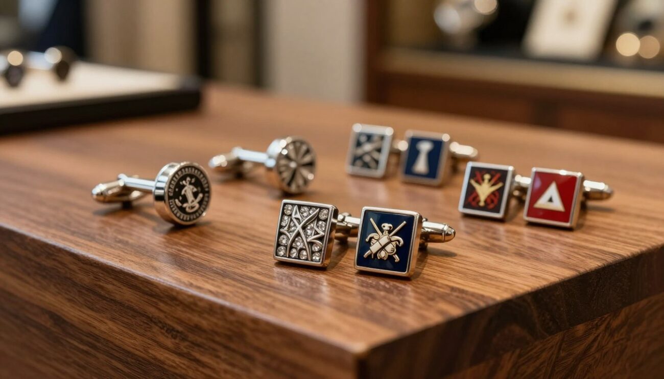 Stylish men's cufflinks elegantly displayed on a polished wooden surface, showcasing a variety of designs including classic silver, modern geometric shapes, and colorful enamel details. In the foreground, the focus is on a pair of intricate cufflinks, glimmering softly in the natural light. In the middle ground, a few more cufflinks in different styles are arranged attractively, highlighting their versatility for various occasions. The background features a subtle blurred effect, simulating a sophisticated environment, possibly a lounge or a luxury store. Soft, warm lighting enhances the textures and details of the cufflinks, creating an inviting atmosphere. The image conveys a sense of elegance and refinement while promoting the brand "Cufflinks Gift Hub" subtly, allowing viewers to visualize perfect gifting options for men attending different events.