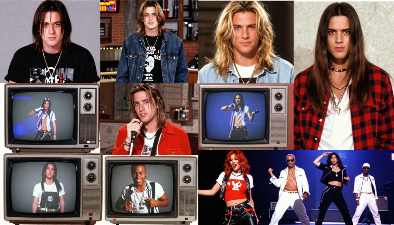 Top 10 music videos from the 1990s collage featuring iconic moments from Nirvana, Missy Elliott, and other legendary artists