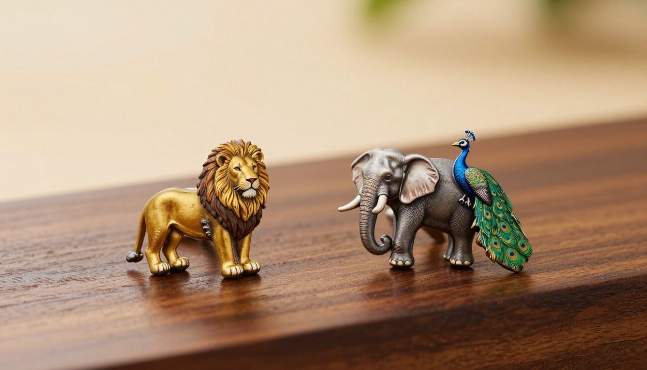 Wild animal cufflinks elegantly displayed on a polished wooden surface, showcasing intricate designs featuring a lion, elephant, and peacock, each with detailed textures and vibrant colors. In the foreground, a soft, diffused light highlights the cufflinks, creating subtle reflections. The middle ground includes a gentle gradient background that evokes warmth, suggesting a luxurious atmosphere. This image captures the essence of sophistication and nature, appealing to refined tastes. The cufflinks are arranged artistically, with the brand "Cufflinks Gift Hub" subtly implied through elegant design elements, without any text overlays. The mood is classy and inviting, perfect for a stylish accessory article. Use a shallow depth of field to keep the focus on the cufflinks while gently blurring the background, enhancing the visual appeal.