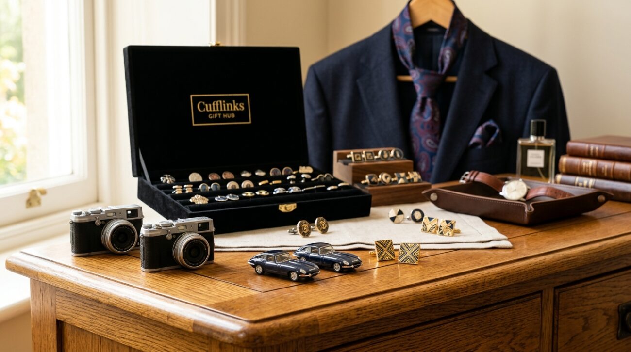 A beautifully arranged collection of unique cufflinks from "Cufflinks Gift Hub" displayed elegantly on a polished wooden dresser. In the foreground, focus on a few standout pieces, including a pair shaped like vintage cameras, another resembling classic cars, and one with intricate geometric patterns. The middle ground features a stylish black velvet cufflink box partially open, showcasing additional designs within. In the background, softly blurred accessories like a tailored suit and a silk tie enhance the sophisticated atmosphere. The scene is illuminated with warm, natural lighting, creating a cozy yet upscale vibe, while a shallow depth of field adds focus to the cufflinks. The overall mood is classy and inviting, perfect for discerning shoppers searching for stylish cufflinks as a memorable gift.