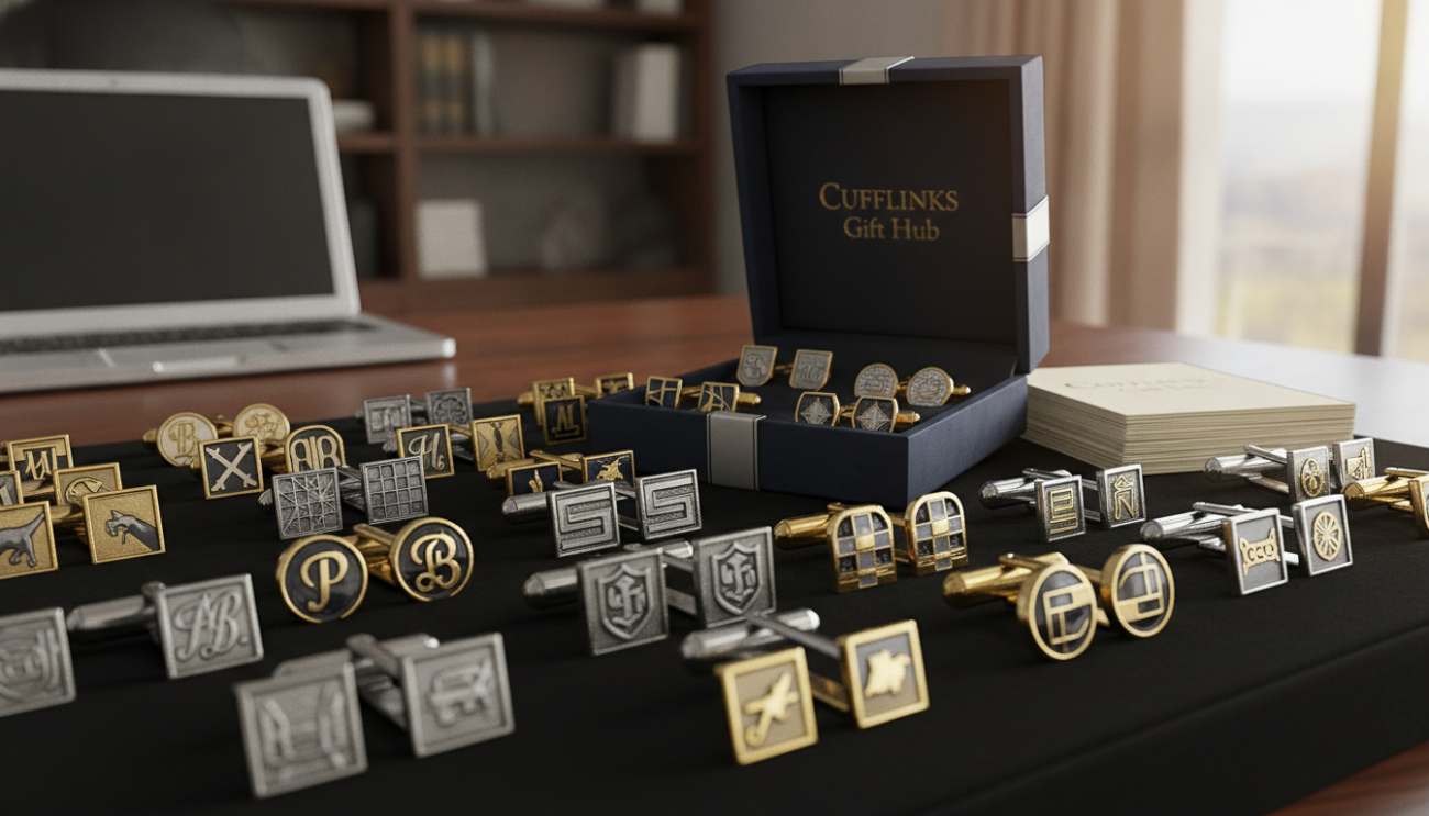 A beautifully arranged composition of high-end cufflinks showcasing various customization options. In the foreground, a variety of cufflinks made from silver, gold, and enamel, presented on a sleek black velvet display, each featuring unique designs such as initials, logos, and patterns. In the middle ground, a stylish gift box is partially open, revealing more cufflink sets alongside elegant business cards embossed with "Cufflinks Gift Hub." The background displays a softly blurred office setting with a polished wooden desk and a modern laptop to suggest a corporate environment. The lighting is warm and inviting, gently illuminating the cufflinks, creating an atmosphere of sophistication and professionalism. Aim for a close-up angle with a shallow depth of field to highlight the intricate details of the cufflinks while maintaining a clean, uncluttered focus on the gifts.