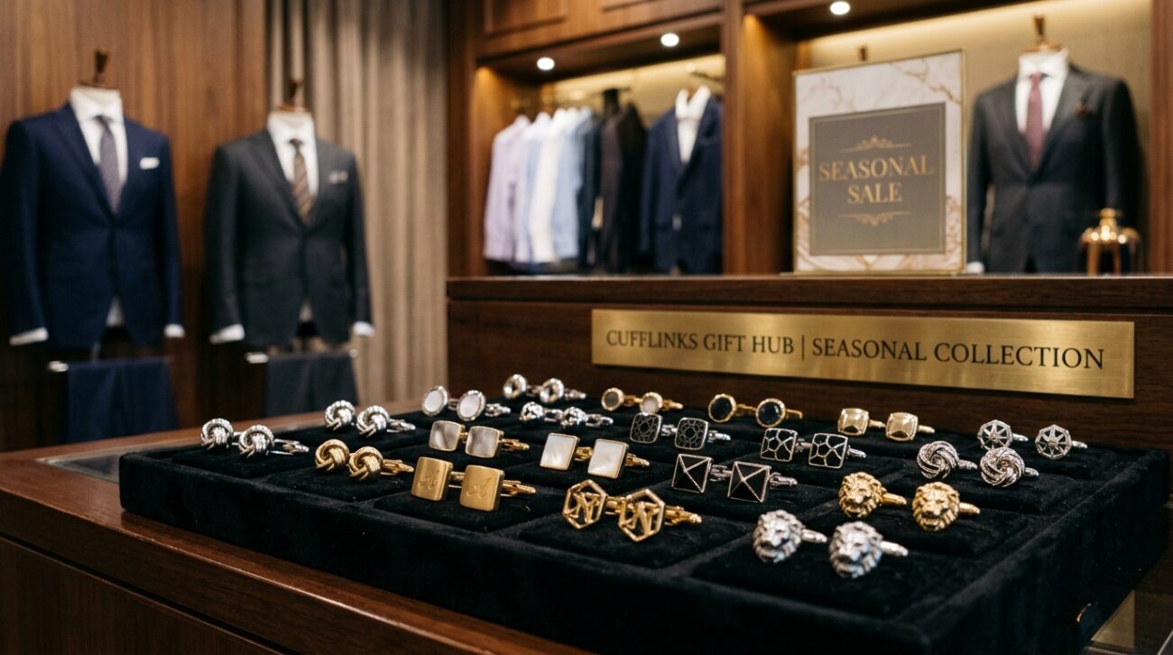 A beautifully arranged display of cufflinks prominently featuring elegant men's styles for a seasonal sale. In the foreground, a variety of shimmering cufflinks in classic and modern designs, including silver, gold, and intricate enamel finishes, are showcased on a sleek black velvet tray. The middle ground features a sophisticated shopping environment, with polished wooden accents and soft spotlighting highlighting the cufflink display. The background is softly blurred, hinting at stylish men’s formal wear and accessories elegantly hung on mannequins, creating a sense of aspiration. The overall atmosphere is refined and inviting, with warm lighting that accentuates the luxuriousness of the cufflinks. Include the brand name "Cufflinks Gift Hub" subtly integrated into the scene, ensuring a professional and elegant presentation.