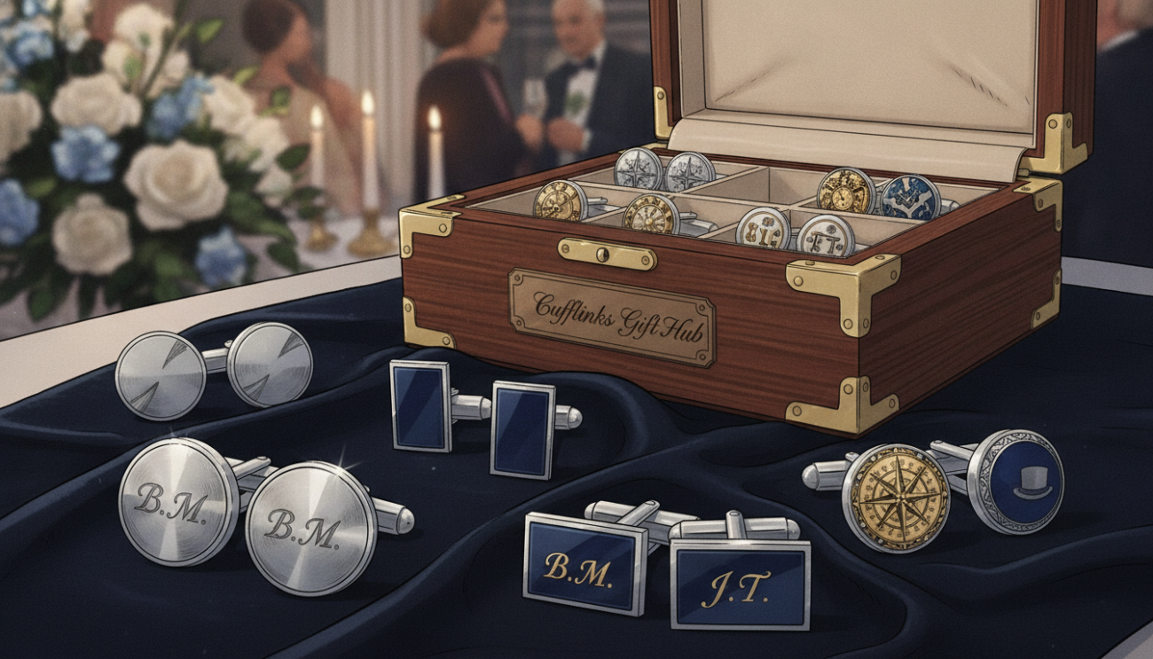 A beautifully arranged display of elegant cufflinks designed for the best man, showcasing a variety of styles including classic silver, navy blue enamel, and personalized options with initials. The foreground features a close-up of gleaming cufflinks laid on a dark velvet fabric, highlighting their intricate designs and polished surfaces. The middle layer includes an elegantly crafted wooden box slightly open, revealing more cufflink options, exuding sophistication. In the background, a softly blurred setting of a wedding, with hints of floral arrangements and soft lighting to create a warm, inviting atmosphere. The image is captured from a slight overhead angle with natural light, enhancing the metallic shimmer of the cufflinks and the luxurious feel of the scene. Include the brand name "Cufflinks Gift Hub" subtly integrated into the setting.