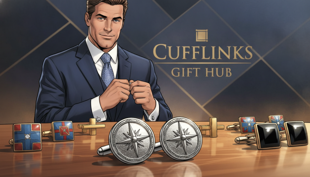 A beautifully arranged display of elegant cufflinks featuring various designs, including classic silver, colorful enamel, and minimalist gold styles, set on a polished wooden table. In the foreground, focus on a pair of eye-catching cufflinks, with intricate details and textures highlighted by soft, ambient lighting. In the middle ground, include a stylish, professionally dressed man adjusting his cufflinks, exuding confidence and sophistication. The background should subtly include blurred corporate branding elements, hinting at the "Cufflinks Gift Hub" brand. Utilize a warm color palette to create an inviting atmosphere that reflects professionalism and luxury, while showcasing cufflinks as a statement of style in the corporate gifting sector. Capture the scene with a shallow depth of field to emphasize the cufflinks and the confident presentation.
