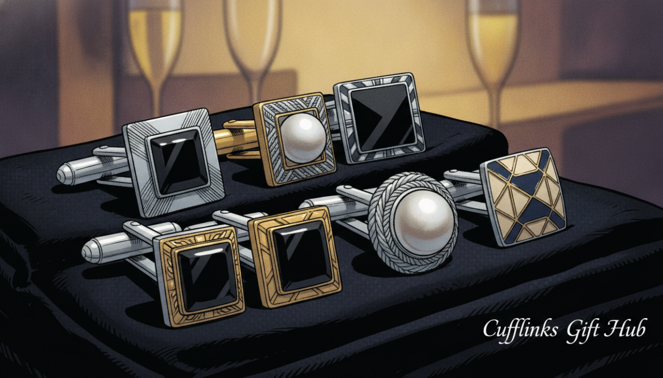 A beautifully arranged display of elegant cufflinks suitable for a formal black tie event, showcasing a variety of classic styles. The foreground features a selection of polished silver and gold cufflinks with intricate designs, including ones with onyx, pearl, and enamel inlays. Each cufflink is meticulously detailed, reflecting light beautifully. In the middle ground, a richly textured black velvet fabric serves as an elegant backdrop, enhancing the luxurious feel of the cufflinks. The background softly fades into a blurred, ambient setting that suggests an upscale event atmosphere, with subtle hints of a dimly lit room filled with soft, warm lighting. The overall mood is sophisticated and timeless, embodying the essence of formal attire. The brand name "Cufflinks Gift Hub" is subtly incorporated into the scene without distraction.