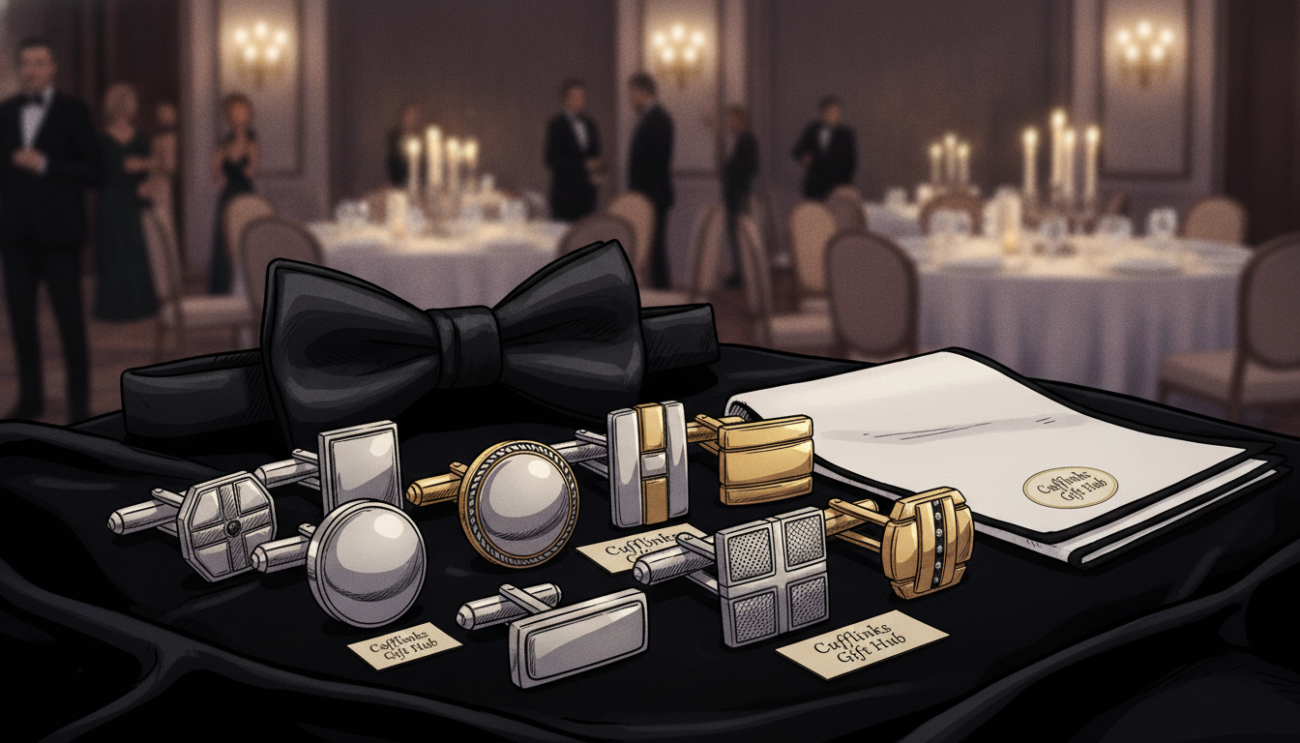 A beautifully arranged display of elegant event accessories showcasing a variety of cufflinks designed for a formal black tie event. In the foreground, a selection of polished silver and gold cufflinks in classic and contemporary styles are artfully laid out on a luxurious black velvet fabric. The middle ground features a stylish bow tie and a sophisticated pocket square, harmoniously coordinating in color and texture with the cufflinks, adding depth to the composition. In the background, a soft-focus, elegantly styled setting with dim lighting creates an intimate atmosphere, evoking the sophistication of a formal gathering. The overall mood is refined and classy, highlighting the perfect harmony between cufflinks and other formal accessories, branded subtly with "Cufflinks Gift Hub".
