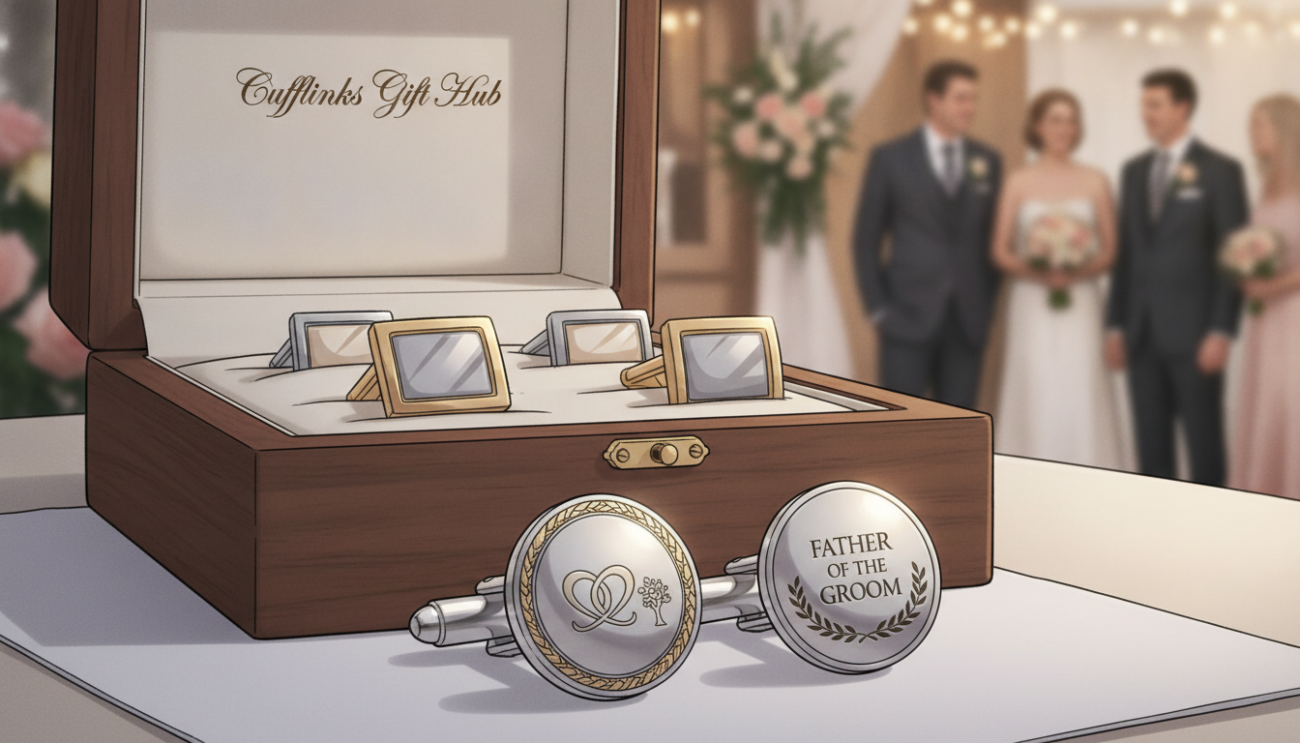 A beautifully arranged display of elegant father of the groom cufflinks, prominently featuring classic designs made from polished silver and gold accents. In the foreground, showcase a pair of intricately engraved cufflinks that symbolize love and family pride, reflecting light with a soft shine. The middle layer includes a tasteful wooden box, slightly open, revealing the cufflinks, surrounded by delicate silk fabric. In the background, a blurred wedding setting hints at a festive atmosphere, with soft, ambient lighting creating a warm and inviting mood. The scene is captured in a close-up shot with a shallow depth of field, emphasizing the cufflinks while gently softening the background. The brand name "Cufflinks Gift Hub" is subtly incorporated within the wooden box's design, enhancing the overall charm without being intrusive.